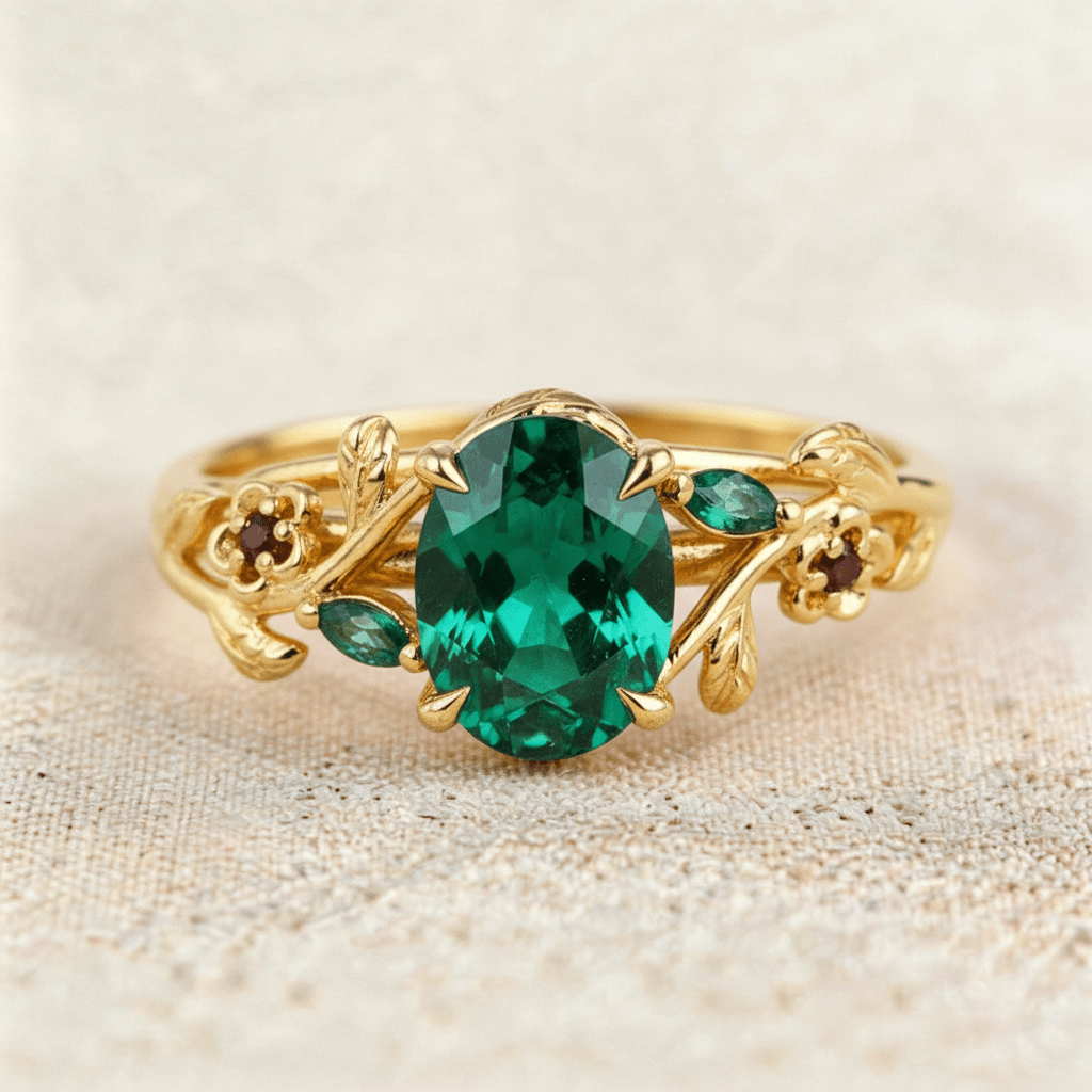 Unique Oval Lab Emerald Engagement Ring with Lab Ruby Accents - Oore Jewelry