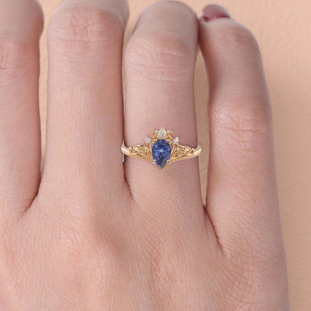 Unique Pear Vivid Blue Lab Sapphire 18K Yellow Gold engagement ring with ivy leaves Ring