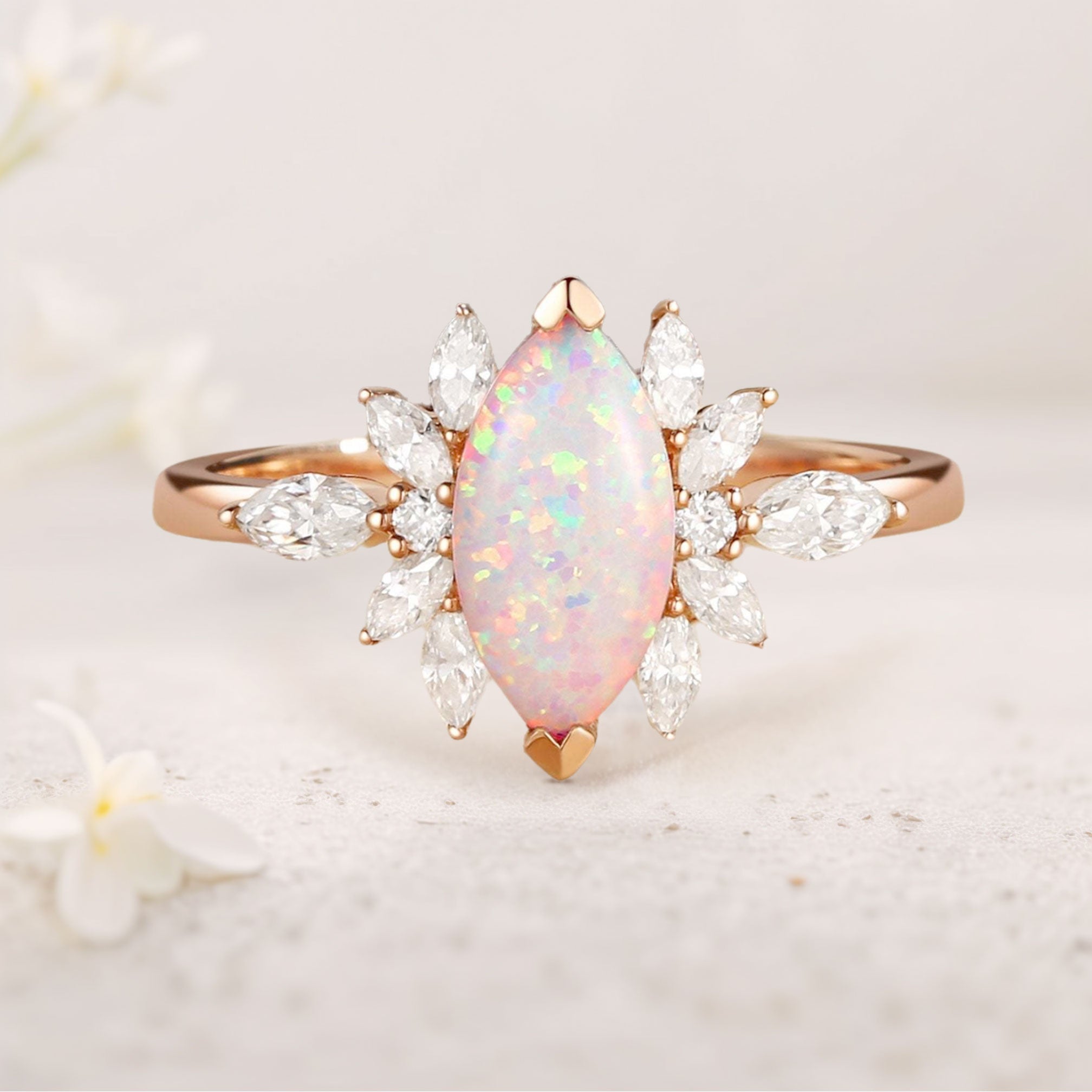 Unique floral engagement rings Marquise Lab Opal Butterfly Fairy 18K Yellow Gold Engagement Ring