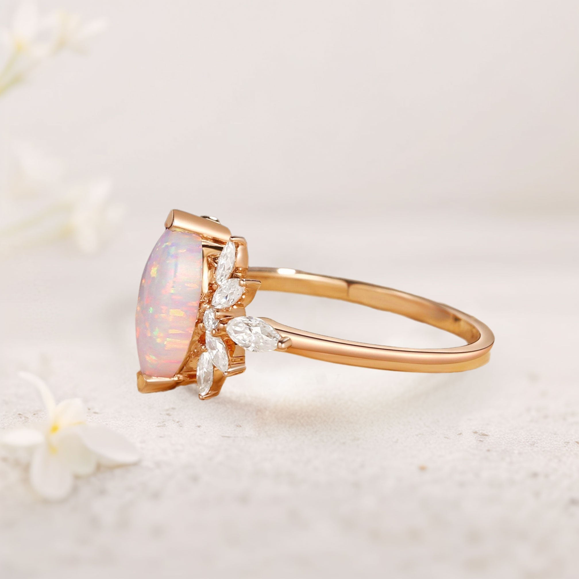 Unique floral engagement rings Marquise Lab Opal Butterfly Fairy 18K Yellow Gold Engagement Ring
