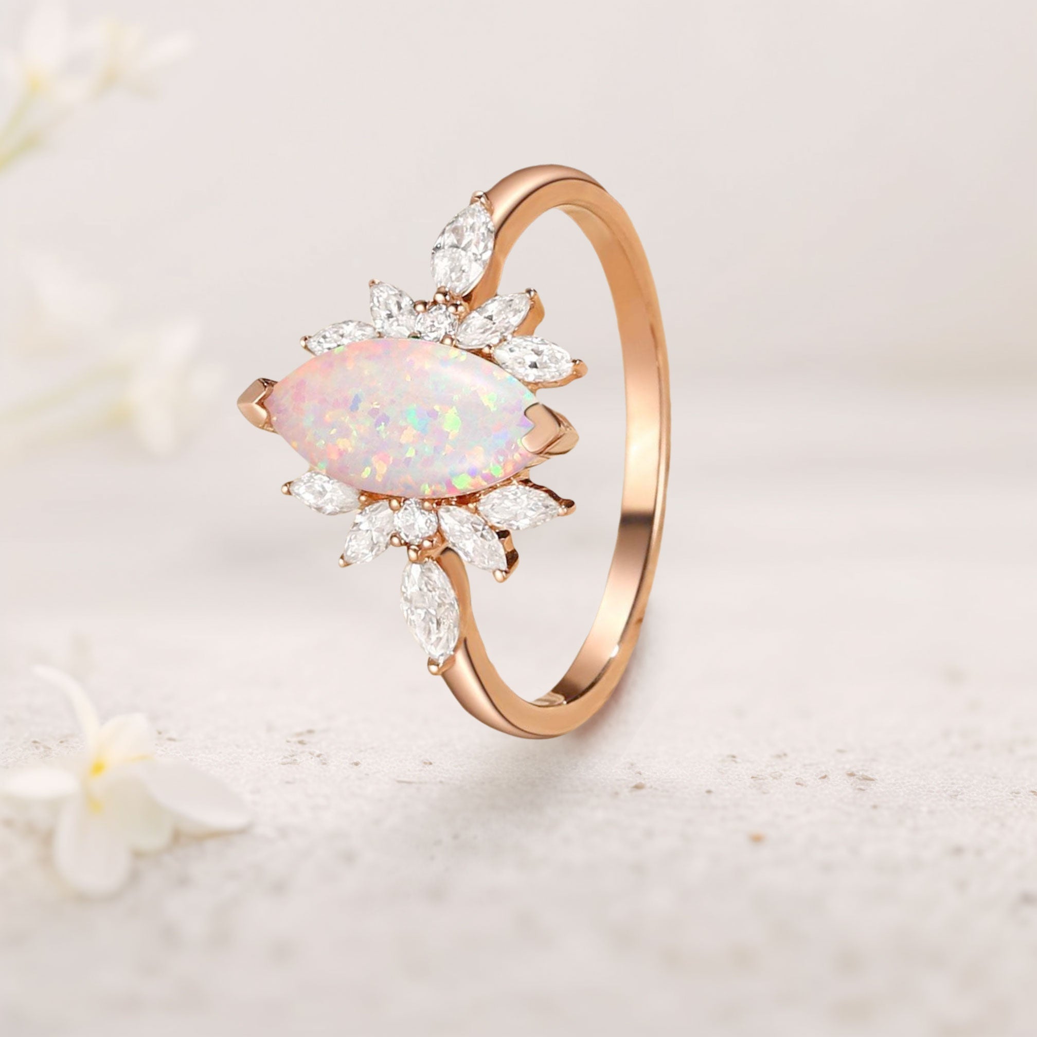 Unique floral engagement rings Marquise Lab Opal Butterfly Fairy 18K Yellow Gold Engagement Ring