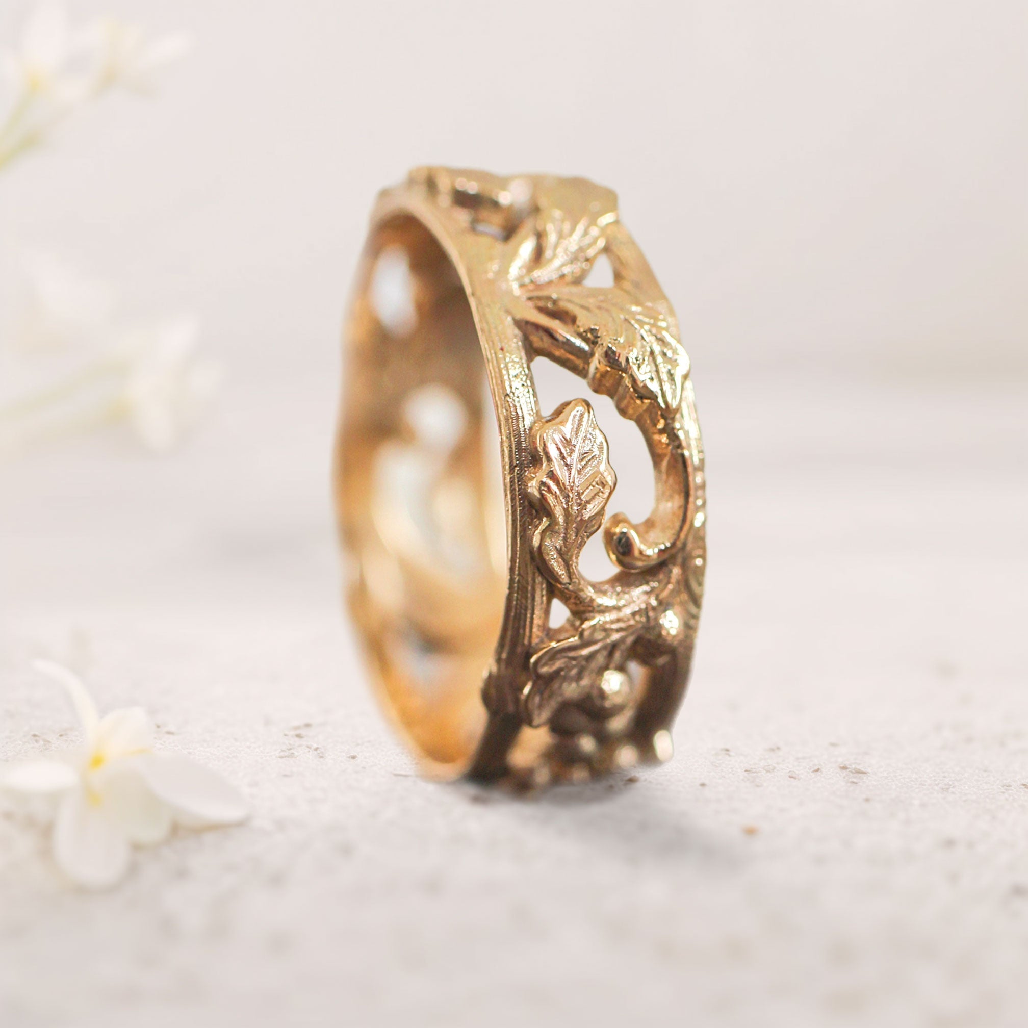 Unique floral 18K Rose Gold engagement rings Oak Leaves and Acorns Ring Wedding Band For Men