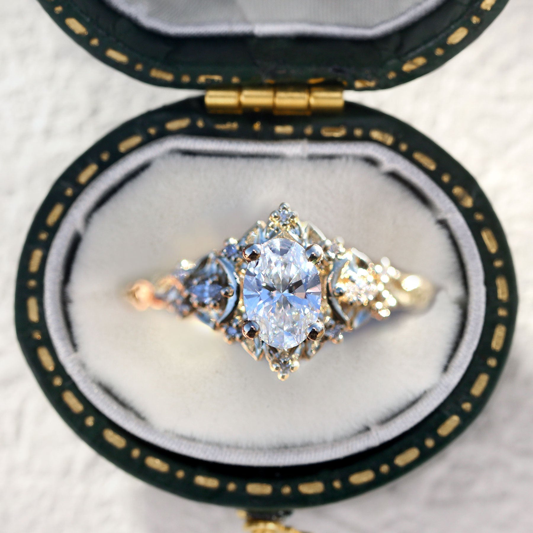 Unique Briar Moon Three Stone Oval Moissanite 14k white gold Engagement Ring