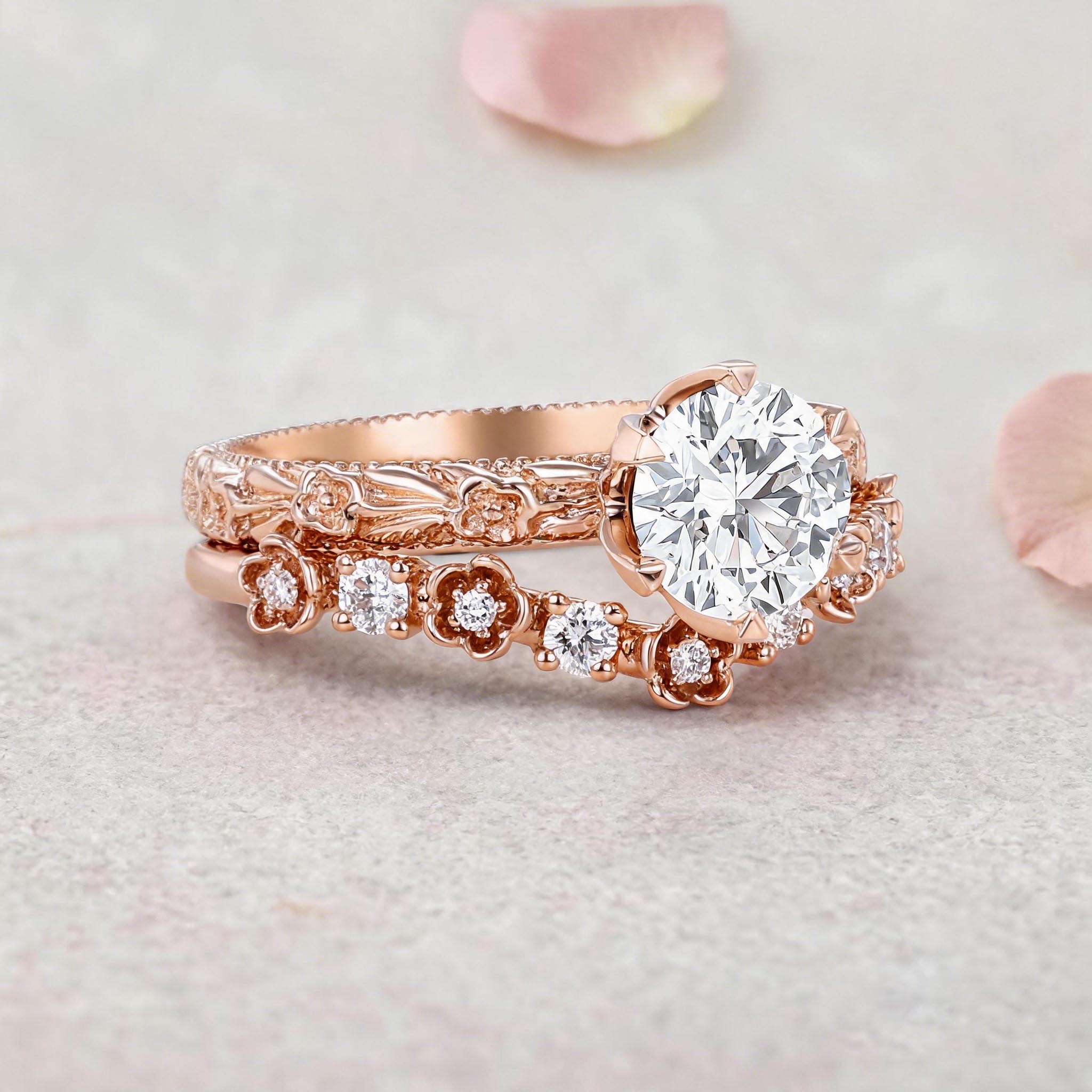 Vintage Floral Round Lab Grown Diamond 14K Yellow Gold Bridal Ring Set