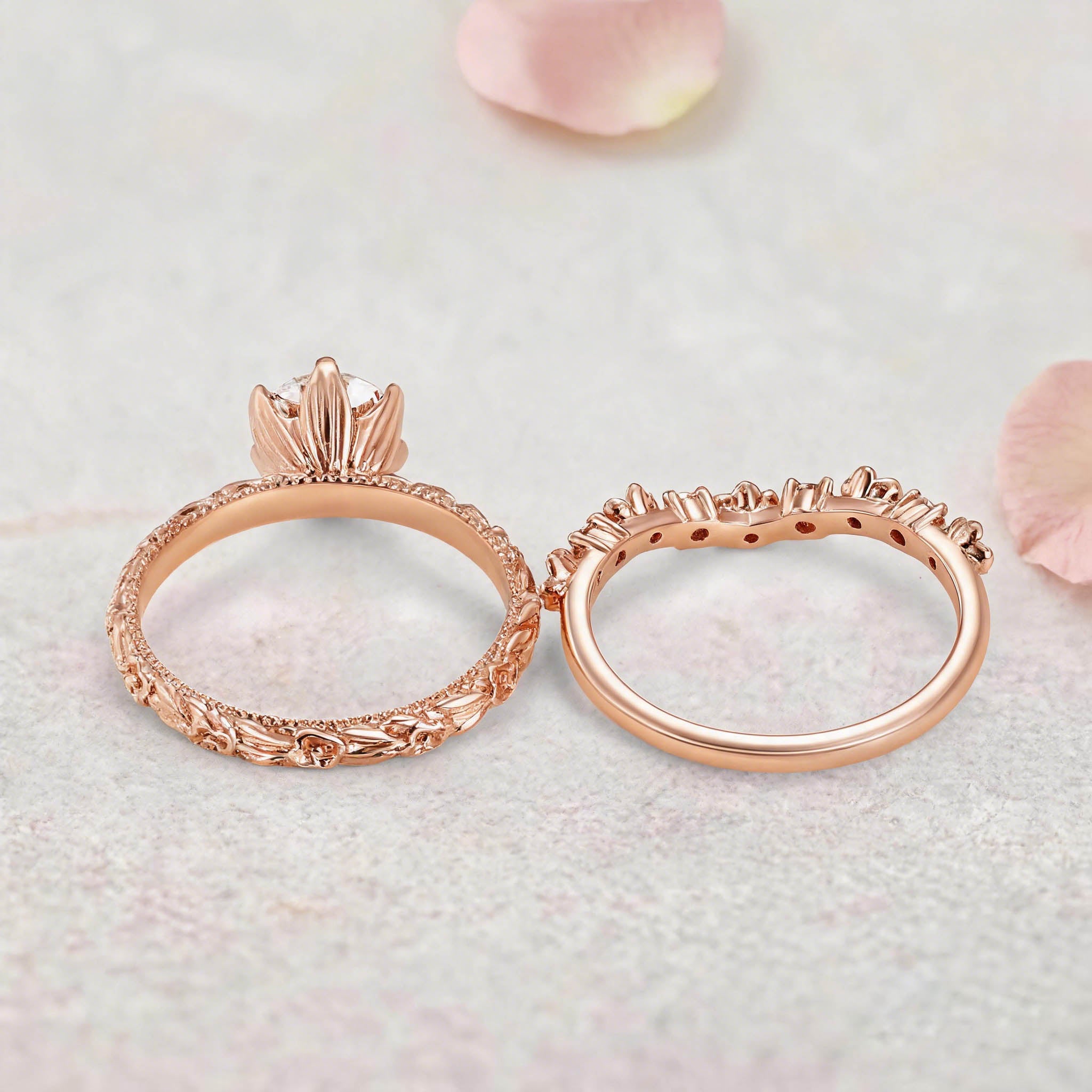 Vintage Floral Round Lab Grown Diamond 14K Yellow Gold Bridal Ring Set