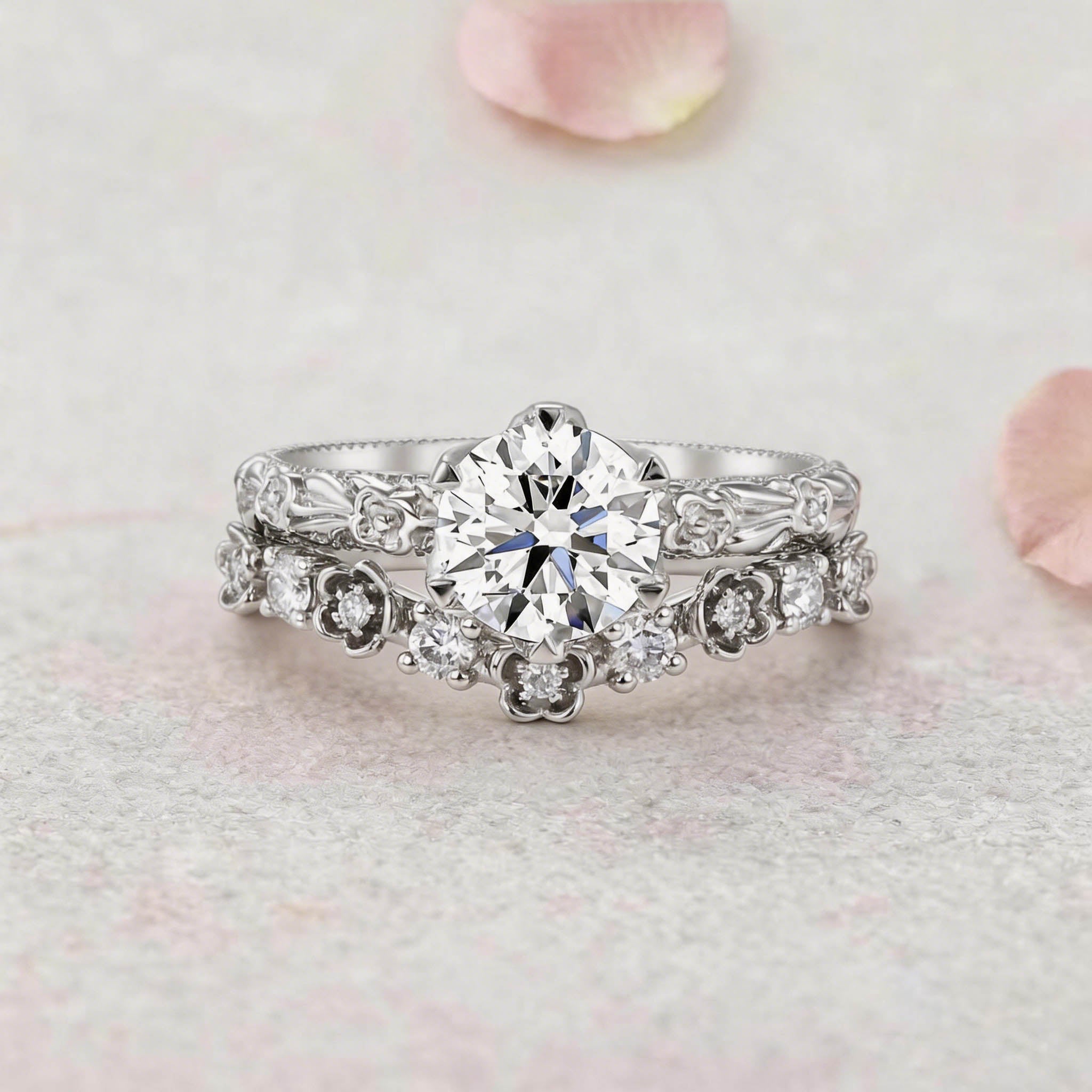 Vintage Floral Round Lab Grown Diamond 14K Yellow Gold Bridal Ring Set