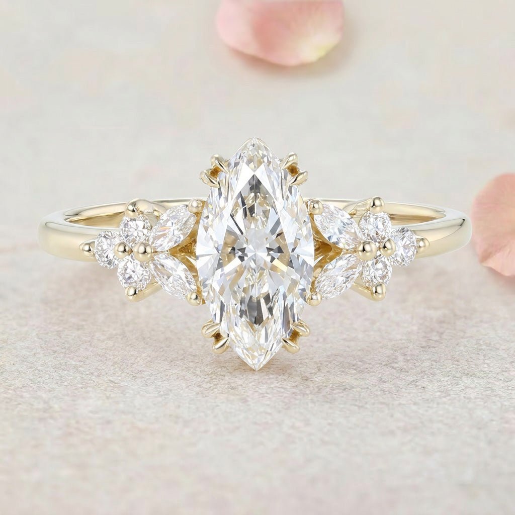 Vintage Petal Cluster Marquise Lab Grown Diamond 14K Yellow Gold Engagement Ring