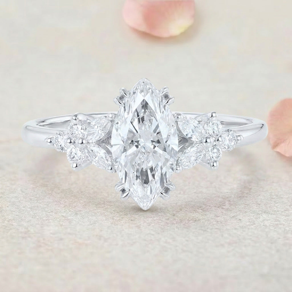 Vintage Petal Cluster Marquise Lab Grown Diamond 14K Yellow Gold Engagement Ring