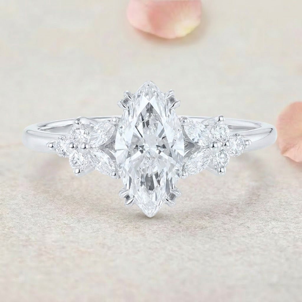 Vintage Petal Cluster Marquise Lab Grown Diamond 14K Yellow Gold Engagement Ring