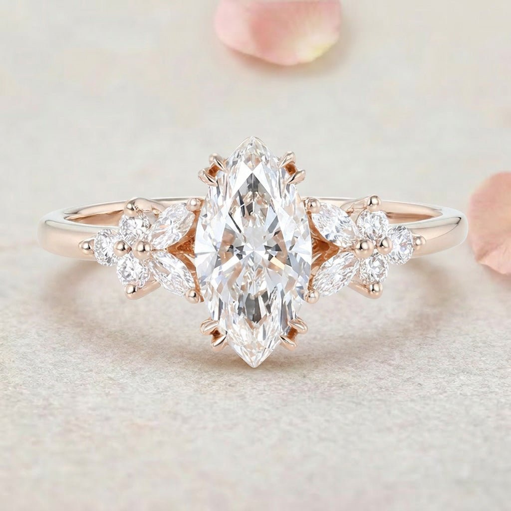 Vintage Petal Cluster Marquise Lab Grown Diamond 14K Yellow Gold Engagement Ring