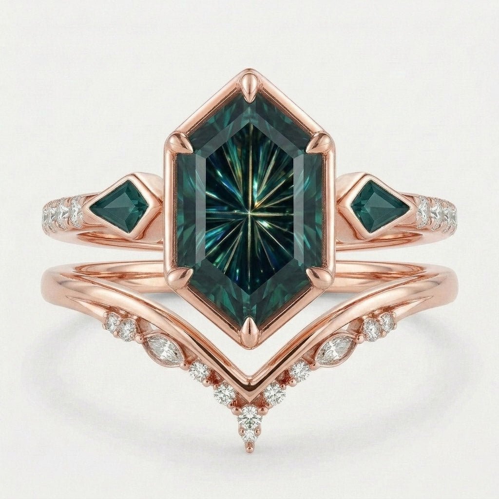 Customize your own Vintage Unique Starlight Hexagon Green Lab Sapphire Engagement Ring - Oore Jewelry