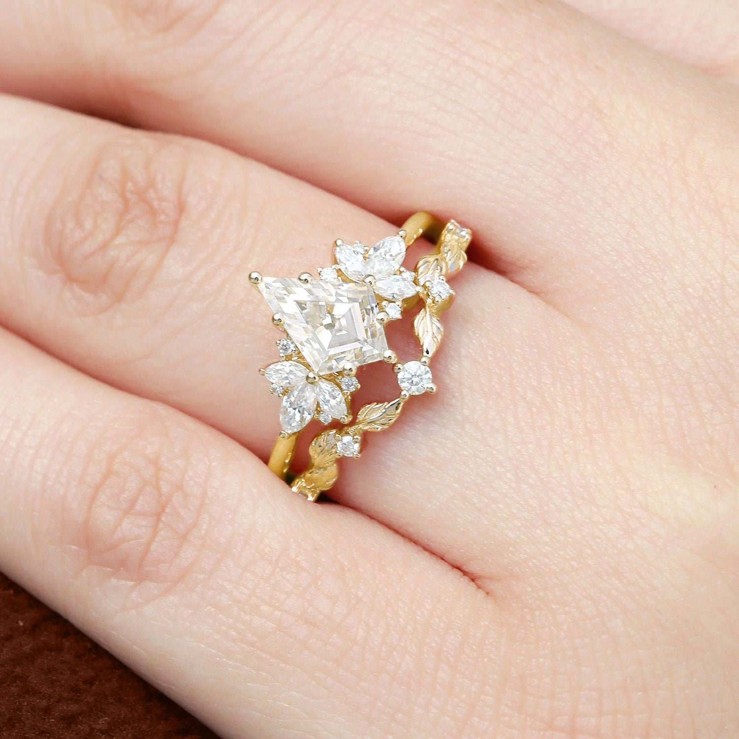 Unique floral engagement rings Kite Moissanite 18K Yellow Gold Butterfly Cluster Ring Set