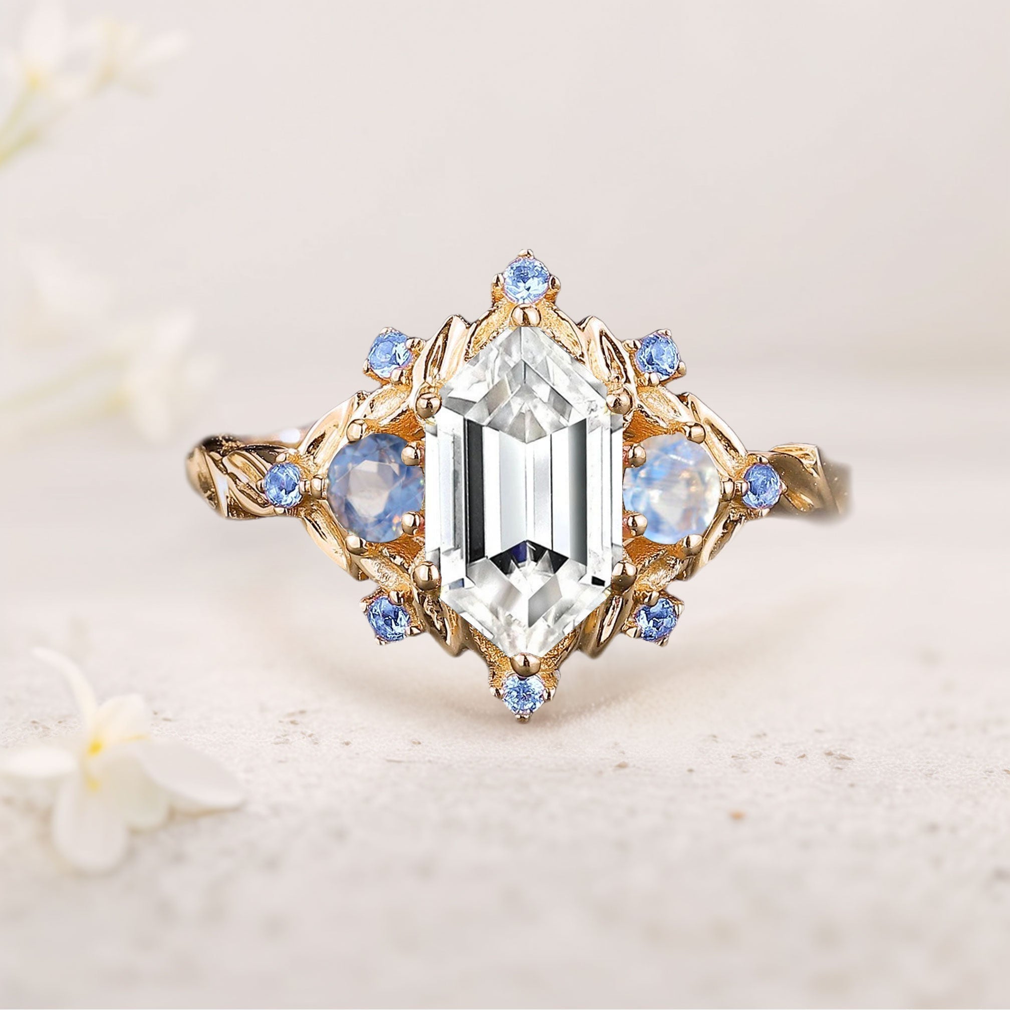Unique floral engagement rings Three Stone Long Hexagon Moissanite 18K Yellow Gold Engagement Ring