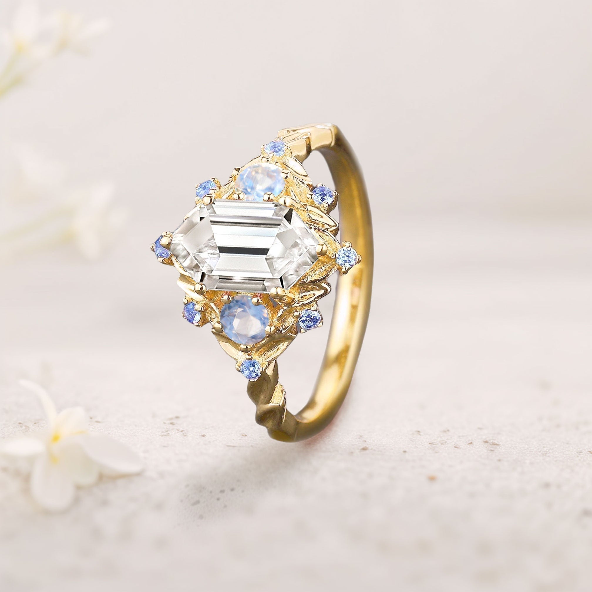 Unique floral engagement rings Three Stone Long Hexagon Moissanite 18K Yellow Gold Engagement Ring