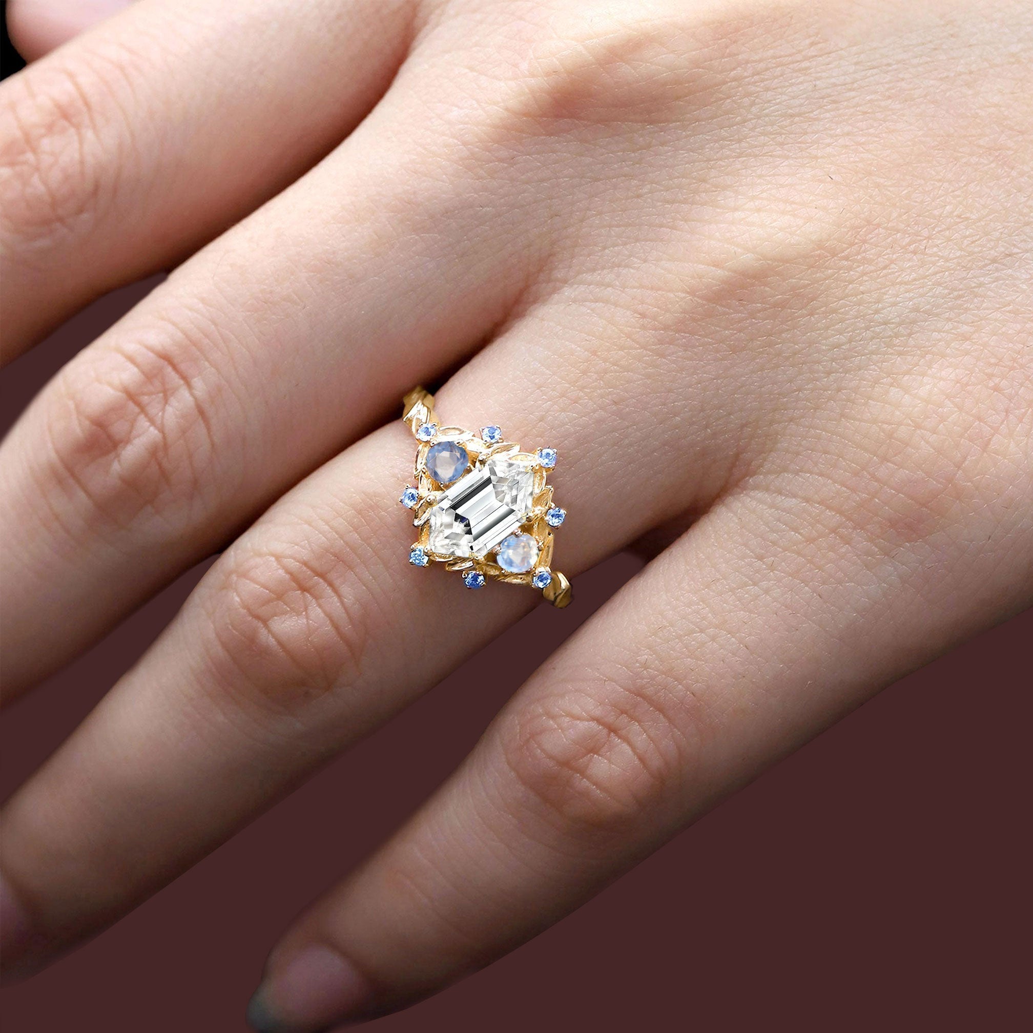 Unique floral engagement rings Three Stone Long Hexagon Moissanite 18K Yellow Gold Engagement Ring