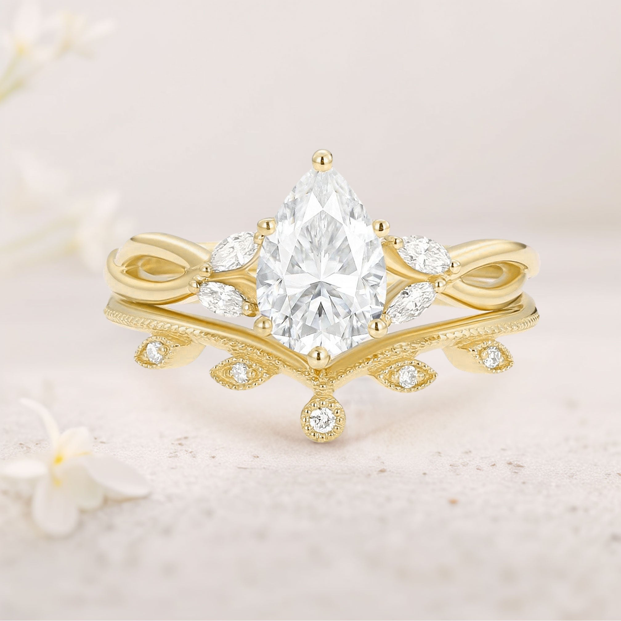 Unique floral engagement rings Pear Moissanite Leafy 18K Yellow Gold Twig Bridal Ring Set