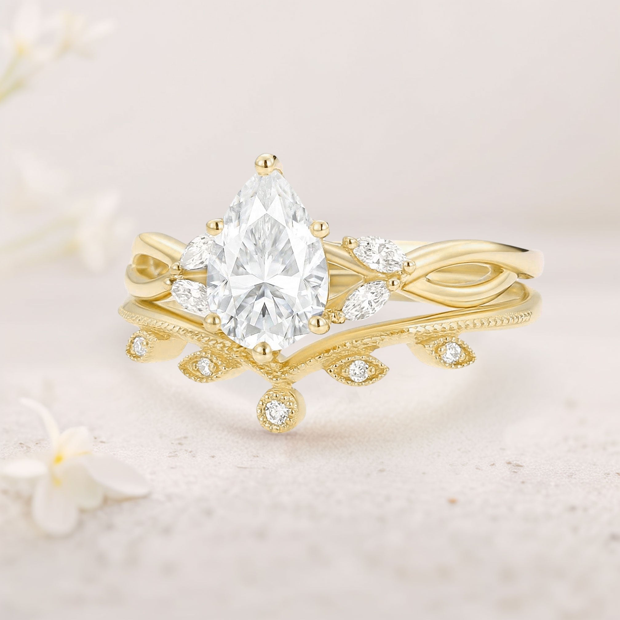 Unique floral engagement rings Pear Moissanite Leafy 18K Yellow Gold Twig Bridal Ring Set