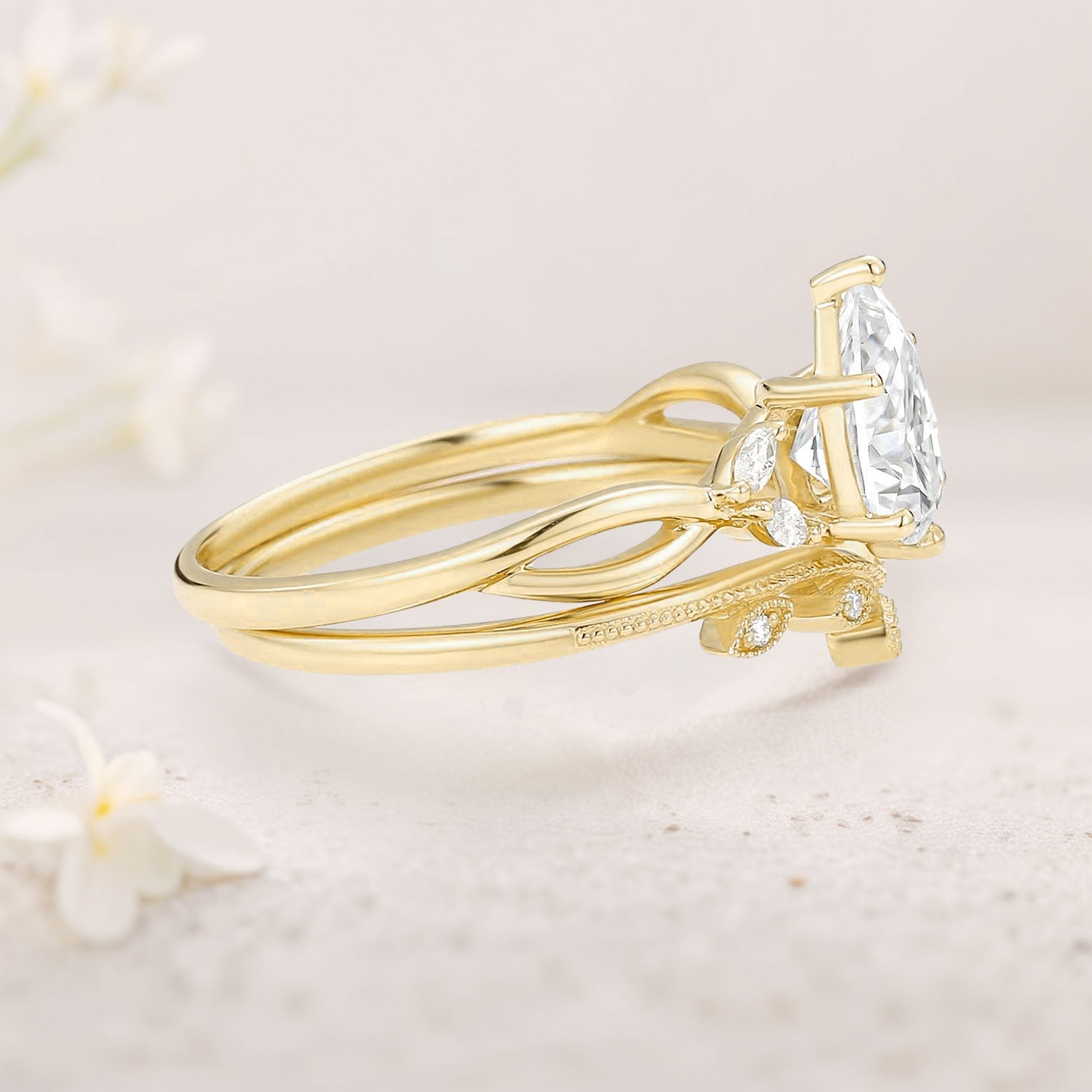 Unique floral engagement rings Pear Moissanite Leafy 18K Yellow Gold Twig Bridal Ring Set