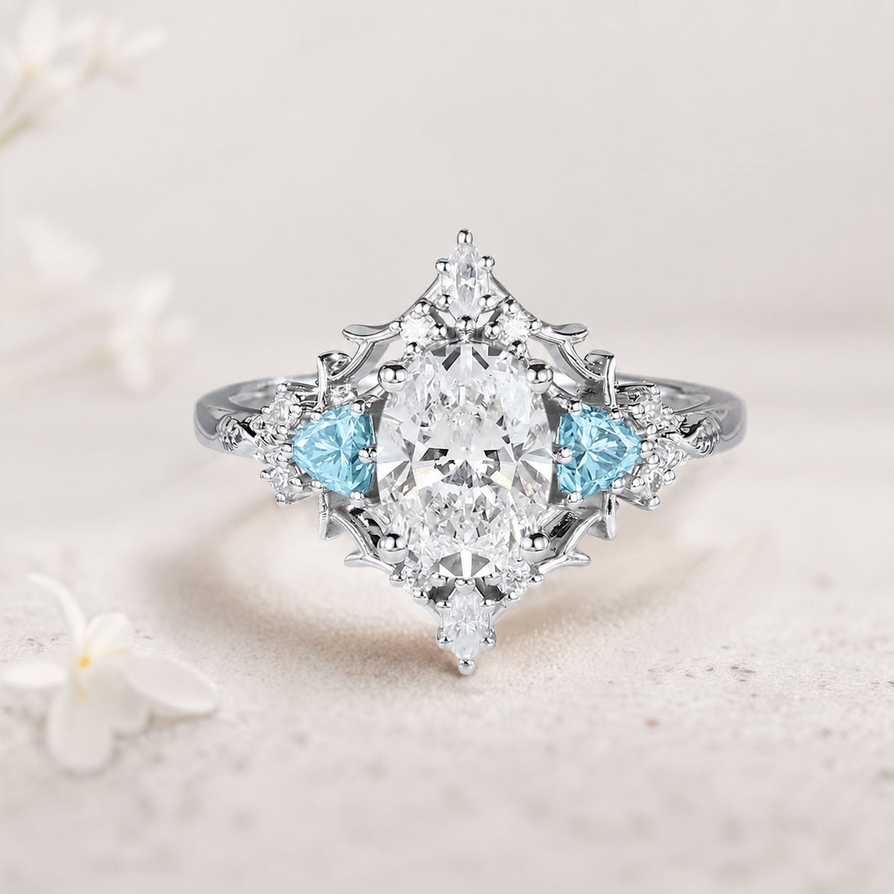Customize your own Vintage Briar Rose Oval Moissanite and Aquamarine Engagement Ring Filigree Ring - Oore Jewelry