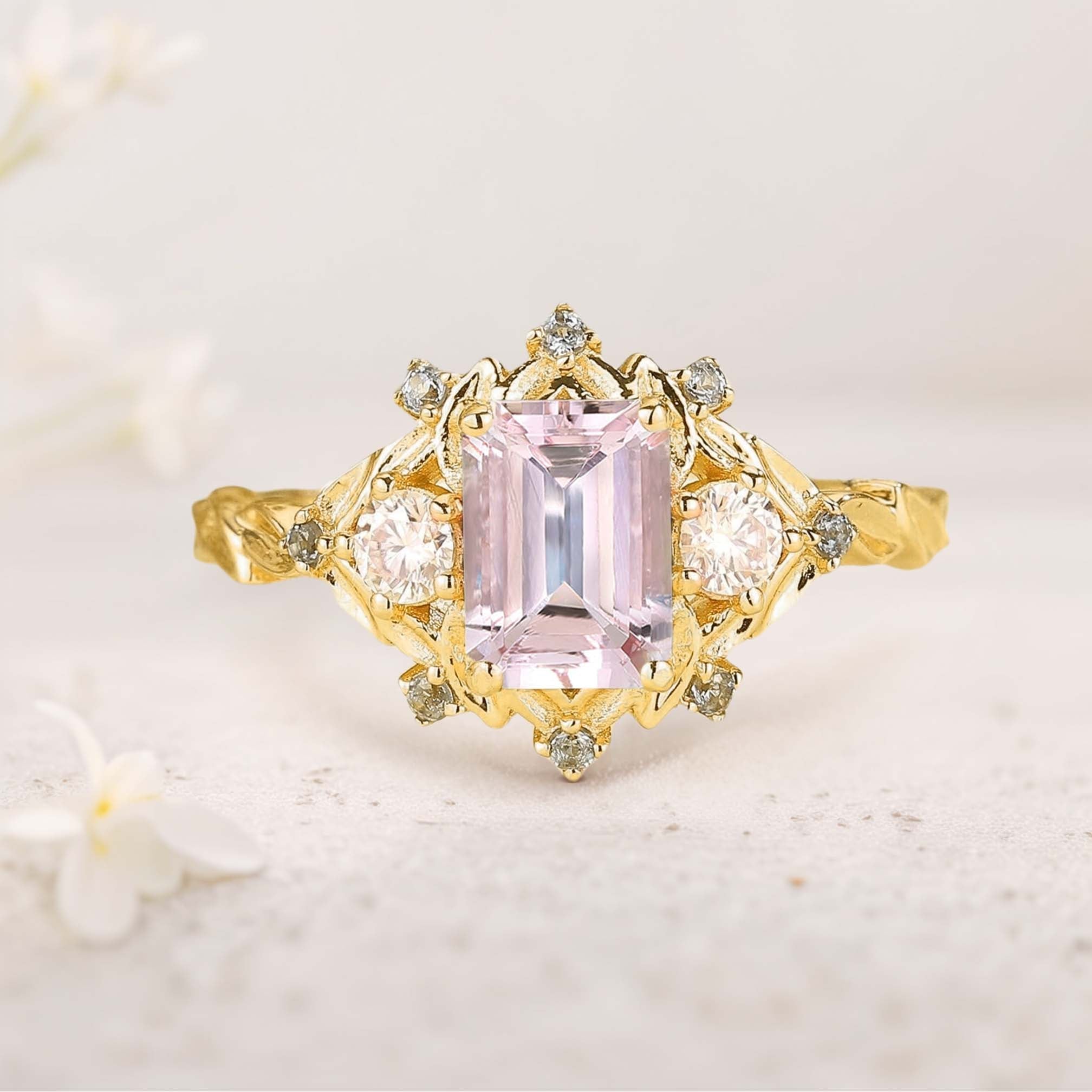 Vintage Three Stone Emerald cut Lab Morganite 18K Yellow Gold Engagement ring Fairy ring