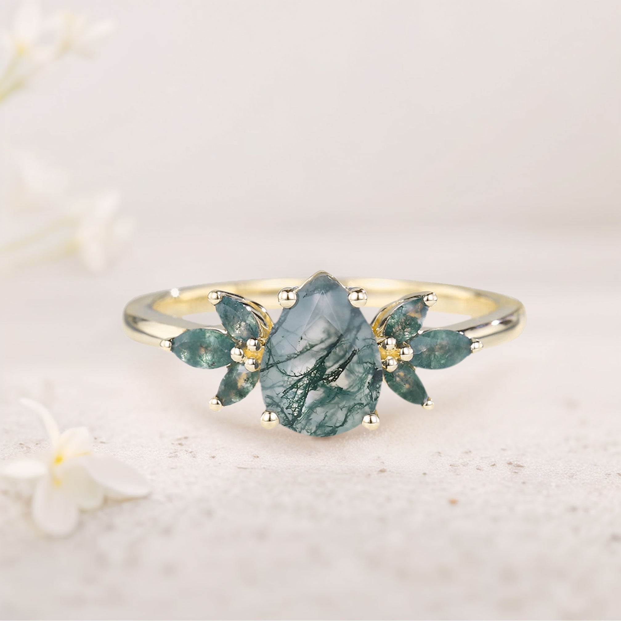 Unique Pear Moss Agate Ring Petal Side Stones 18K Yellow Gold Engagement Ring
