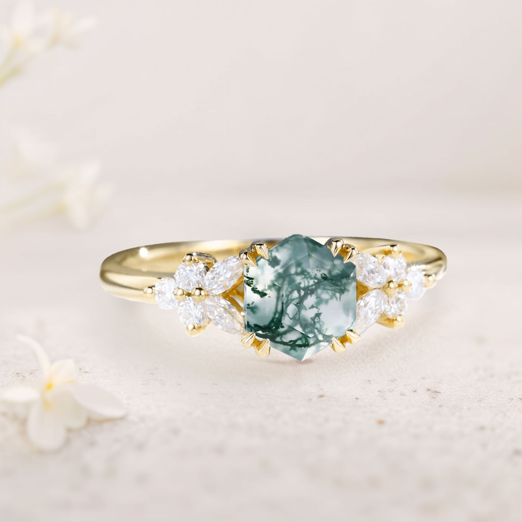Unique Hexagon Moss Agate Simple 18K Yellow Gold Engagement Ring