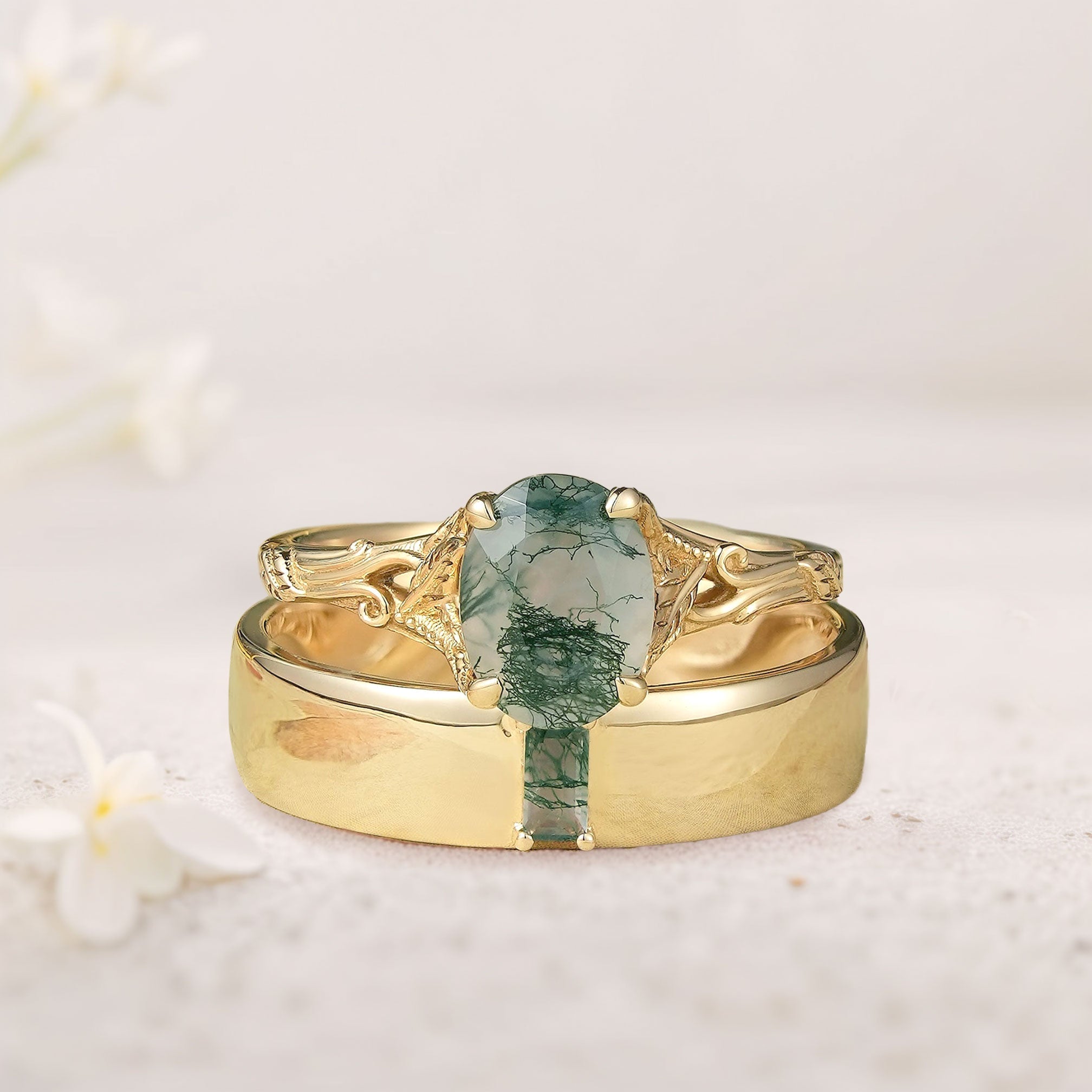 Unique Leaf Design Oval Moss agate 18K Yellow Gold Wedding Ring Promise Ring for Couples
