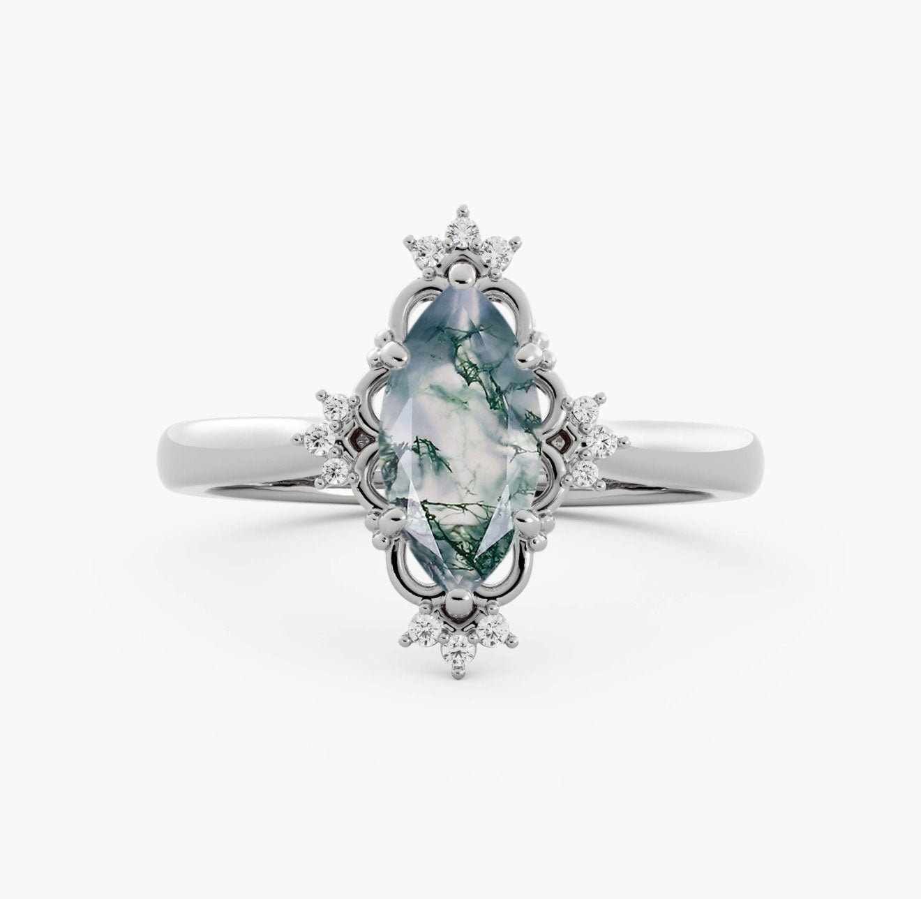 Customize your own Vintage Marquise Moss Agate 18K White Gold Engagement Ring