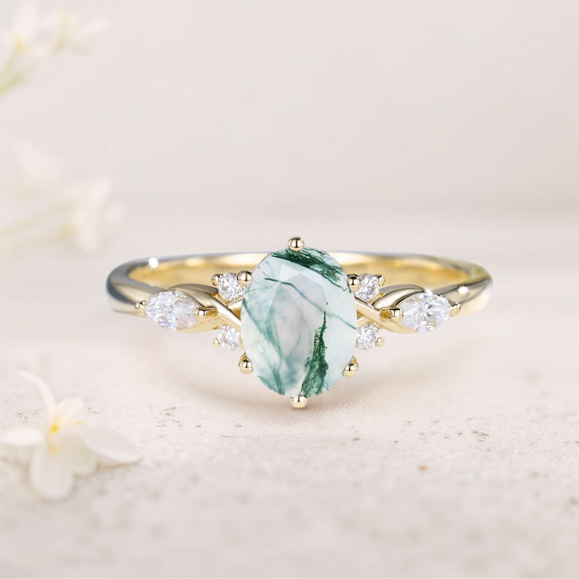 Unique Oval Moss Agate Twist Ring 18K Yellow Gold Engagement Ring