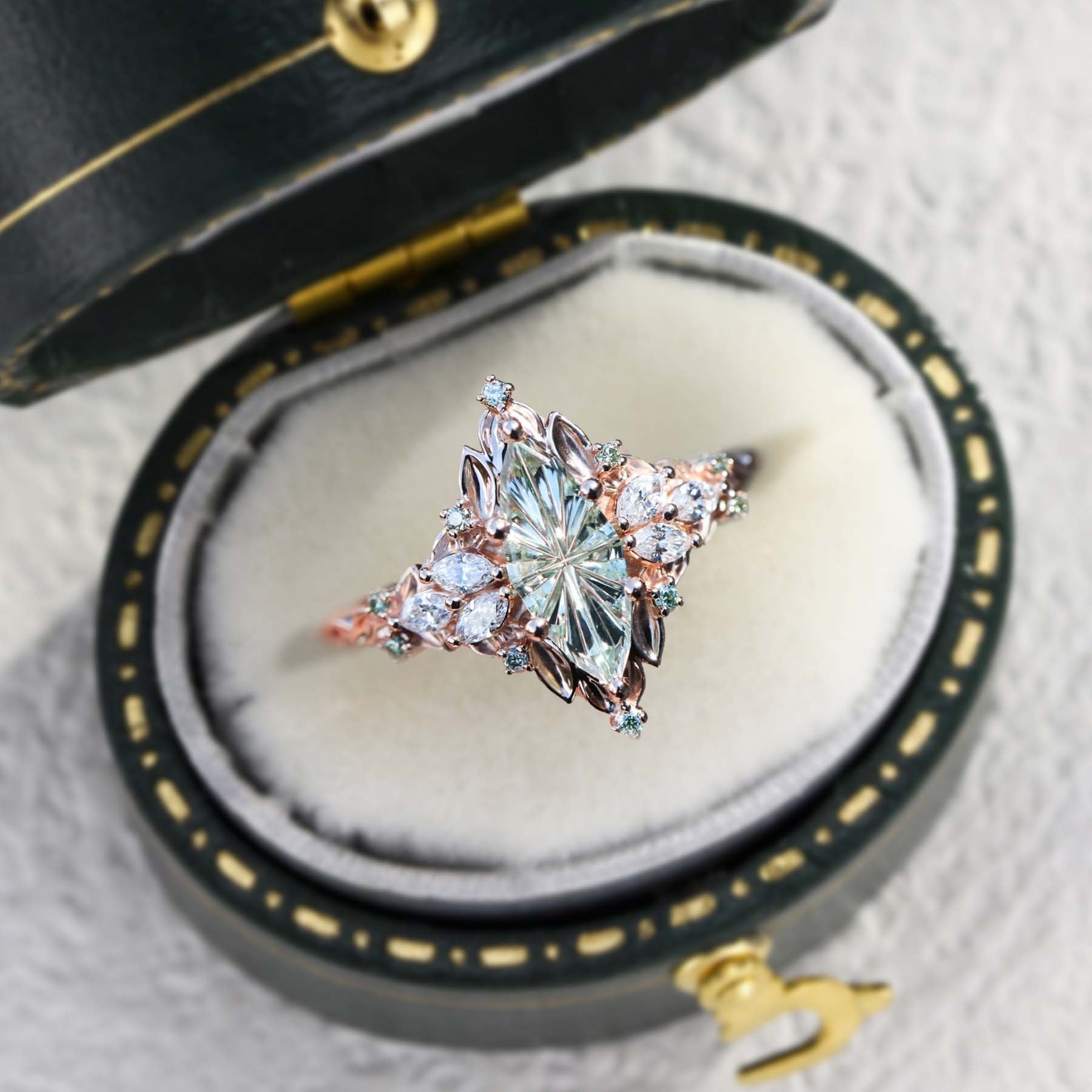 Vintage Starlight Cut Green Lab Sapphire Engagement Ring - Oore Jewelry