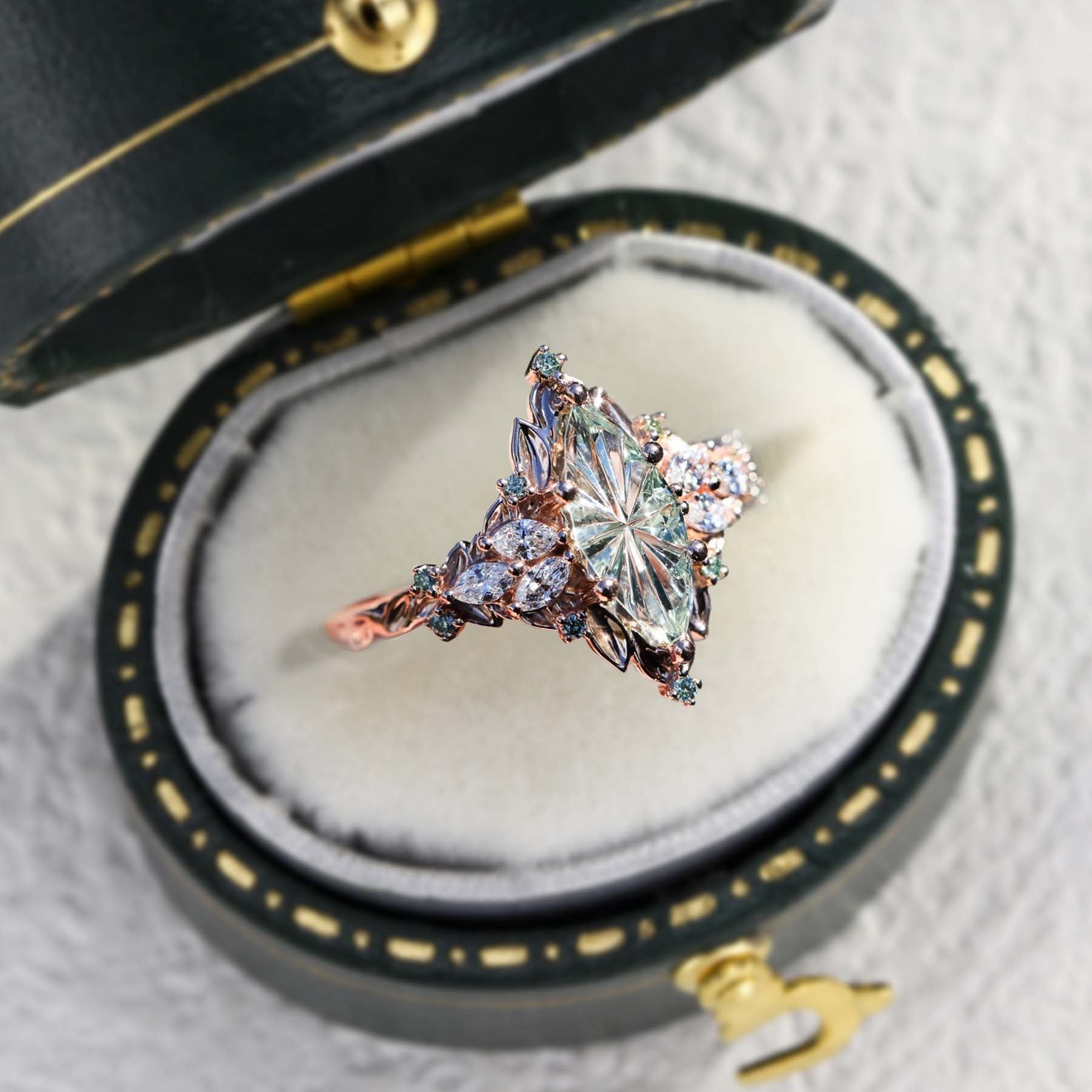 Vintage Starlight Cut Green Lab Sapphire Engagement Ring - Oore Jewelry