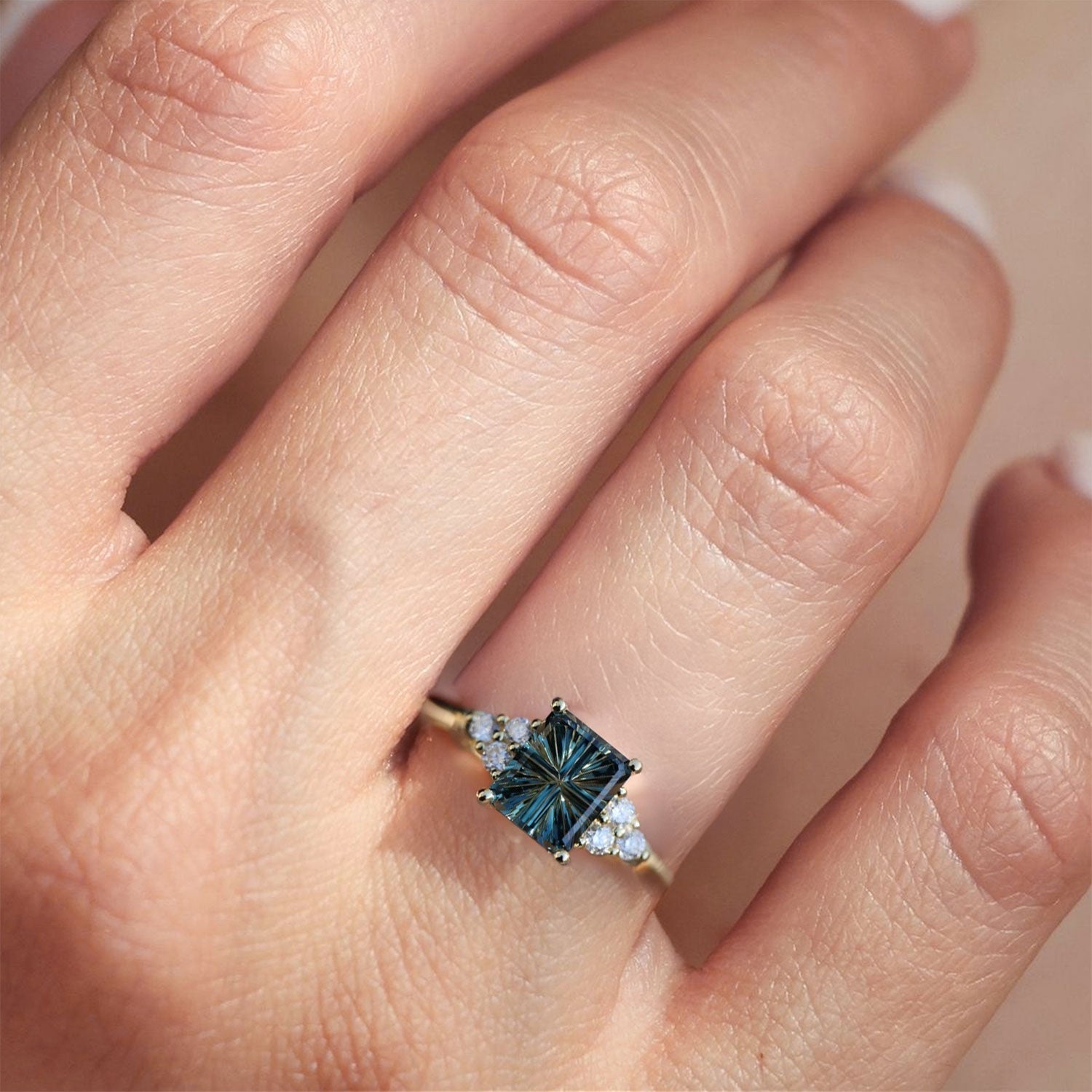 Vintage Unique Teal Starlight Emerald Cut Lab Sapphire 10k yellow gold Ring