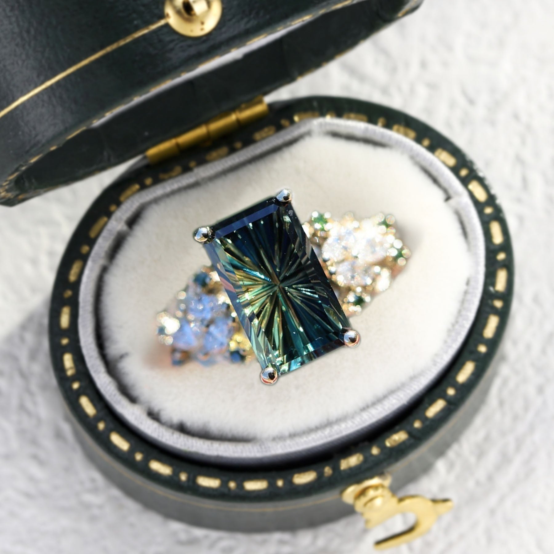 Unique Vintage Starlight Cut Green Lab Sapphire Engagement Ring - Oore Jewelry