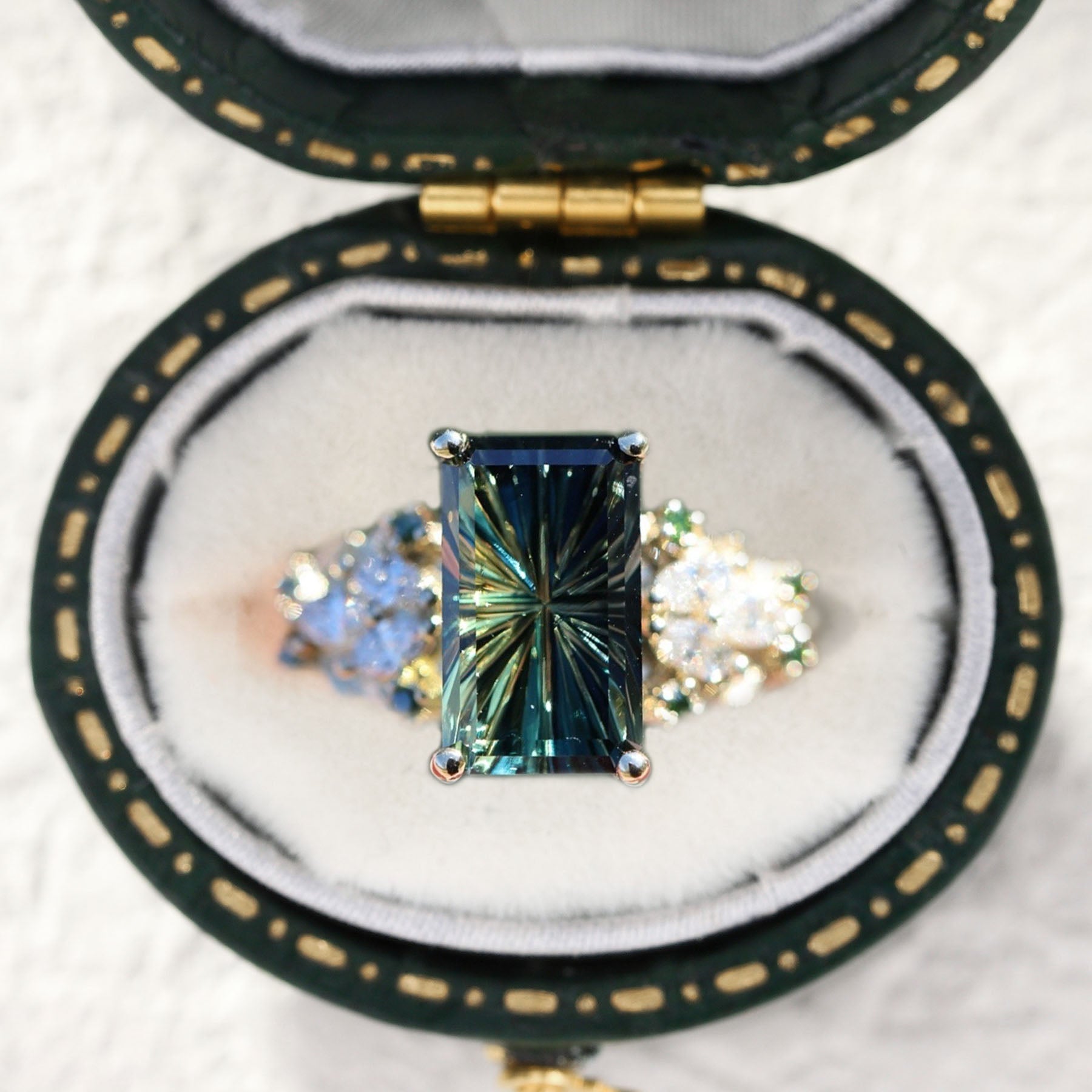Unique Vintage Starlight Cut Green Lab Sapphire Engagement Ring - Oore Jewelry
