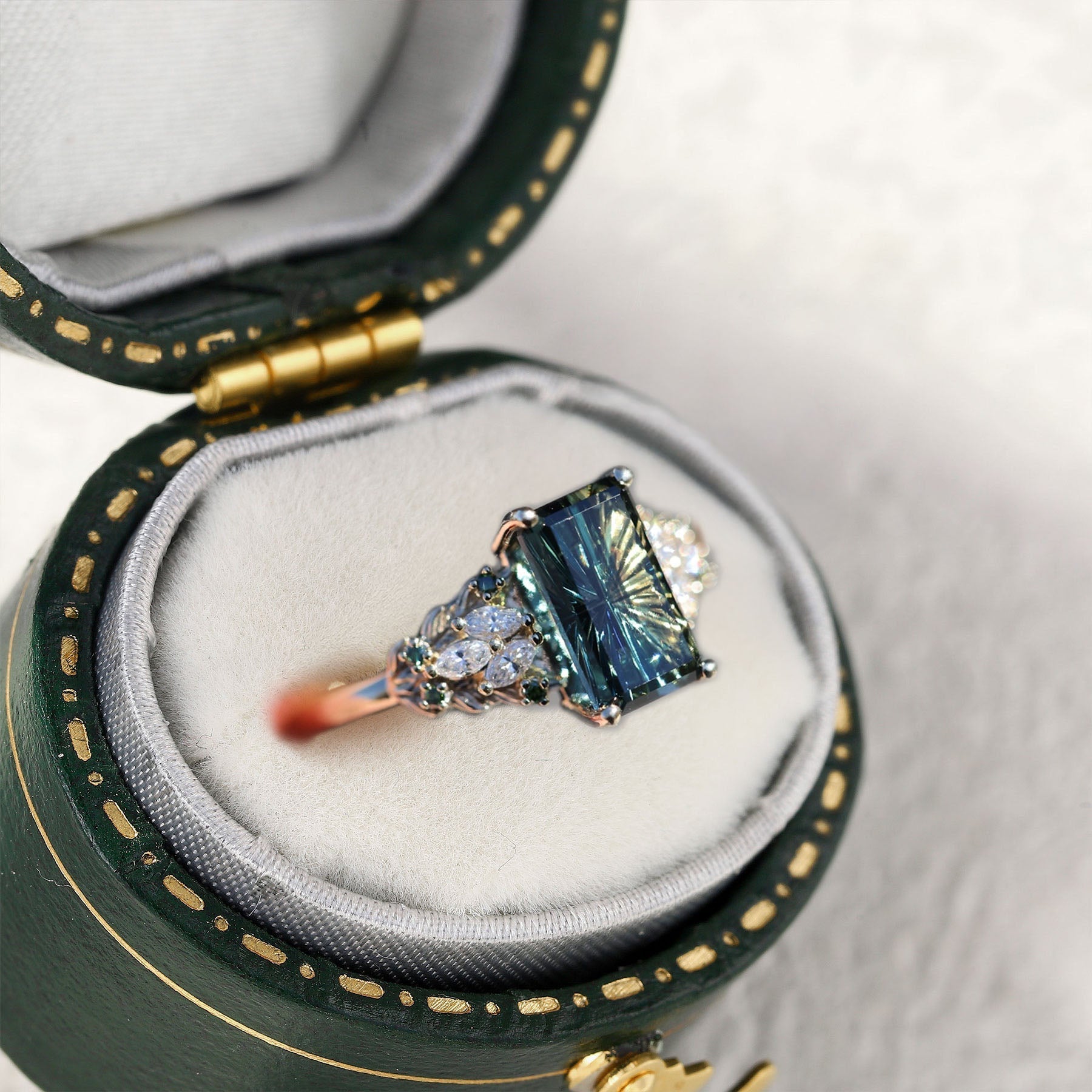 Unique Vintage Starlight Cut Green Lab Sapphire Engagement Ring - Oore Jewelry