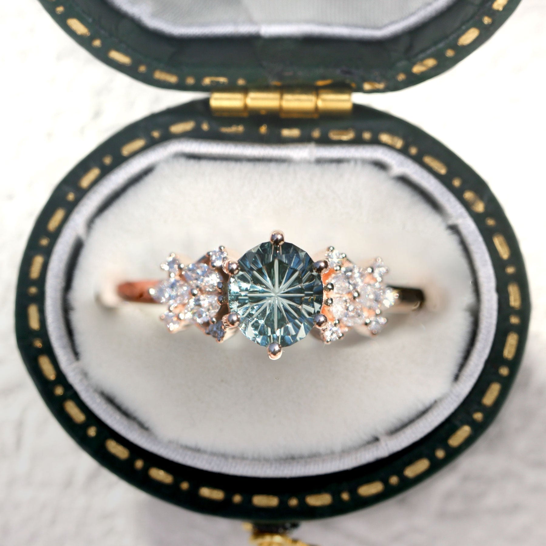 Vintage Briar Rose Starlight Round Green Lab Sapphire 14k rose gold Engagement Ring