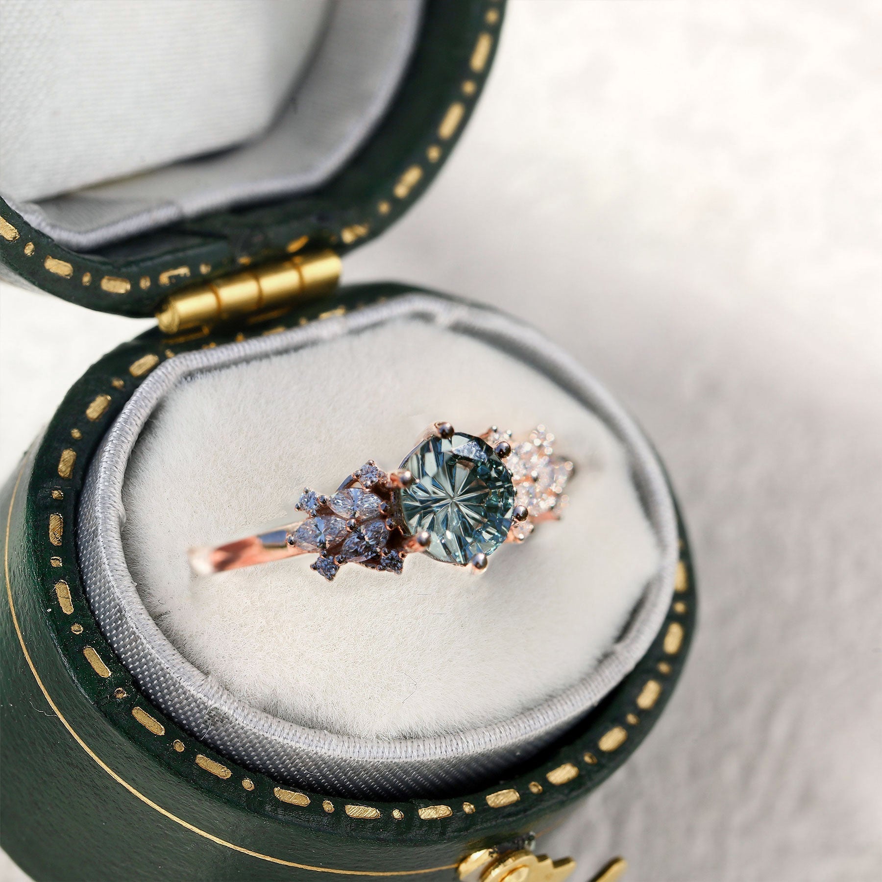 Vintage Briar Rose Starlight Round Green Lab Sapphire 14k rose gold Engagement Ring
