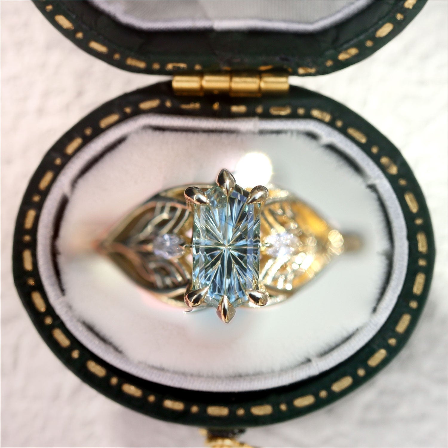Vintage Elvindell Three Stone Hexagon Blue Lab Sapphire 14k yellow gold Ring