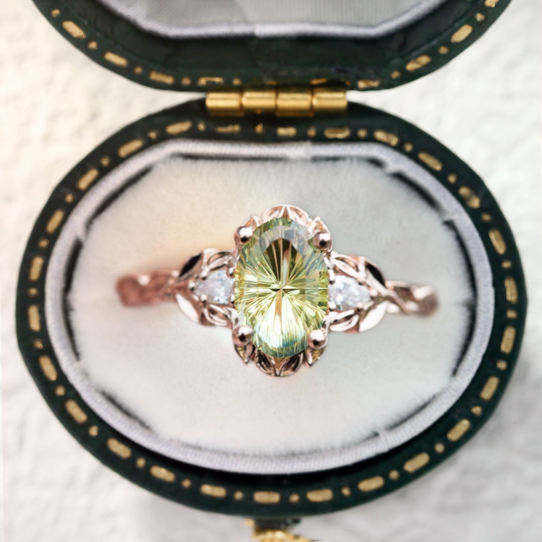 Vintage Unique Three Stone Oval Green Lab Sapphire 18k rose gold Leafy Ring