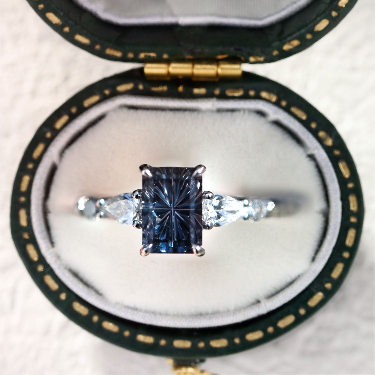 Vintage Unique Five Stone Emerald Cut Blue Lab Sapphire 18k white gold Ring