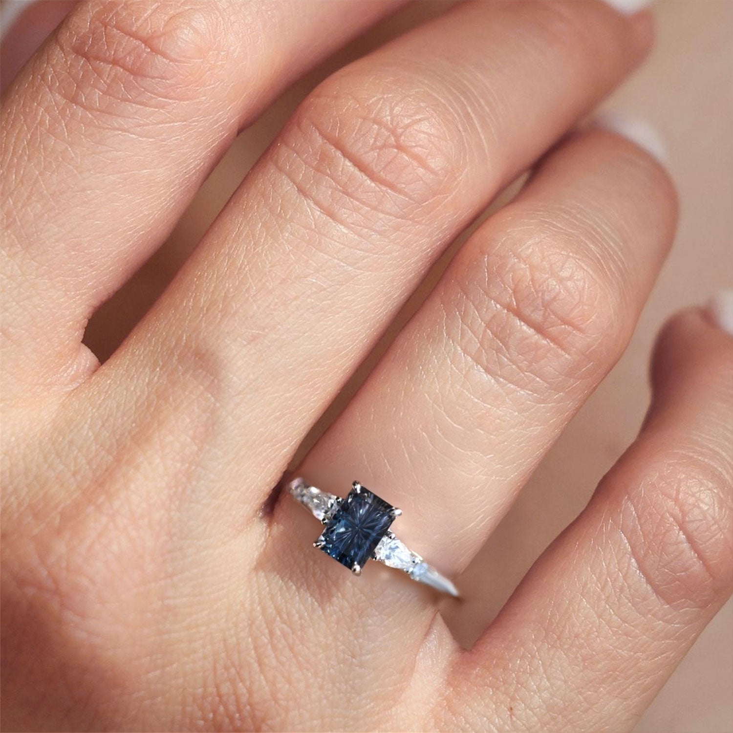 Vintage Unique Five Stone Emerald Cut Blue Lab Sapphire 18k white gold Ring