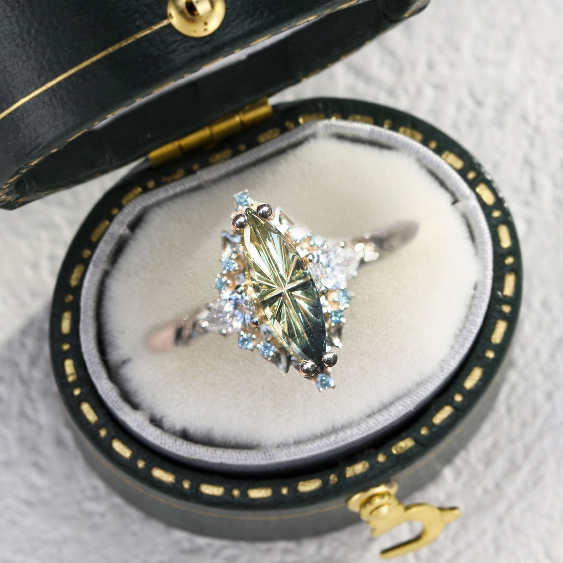 Briar Rose Starlight Cut Green Lab Sapphire Ring - Oore Jewelry