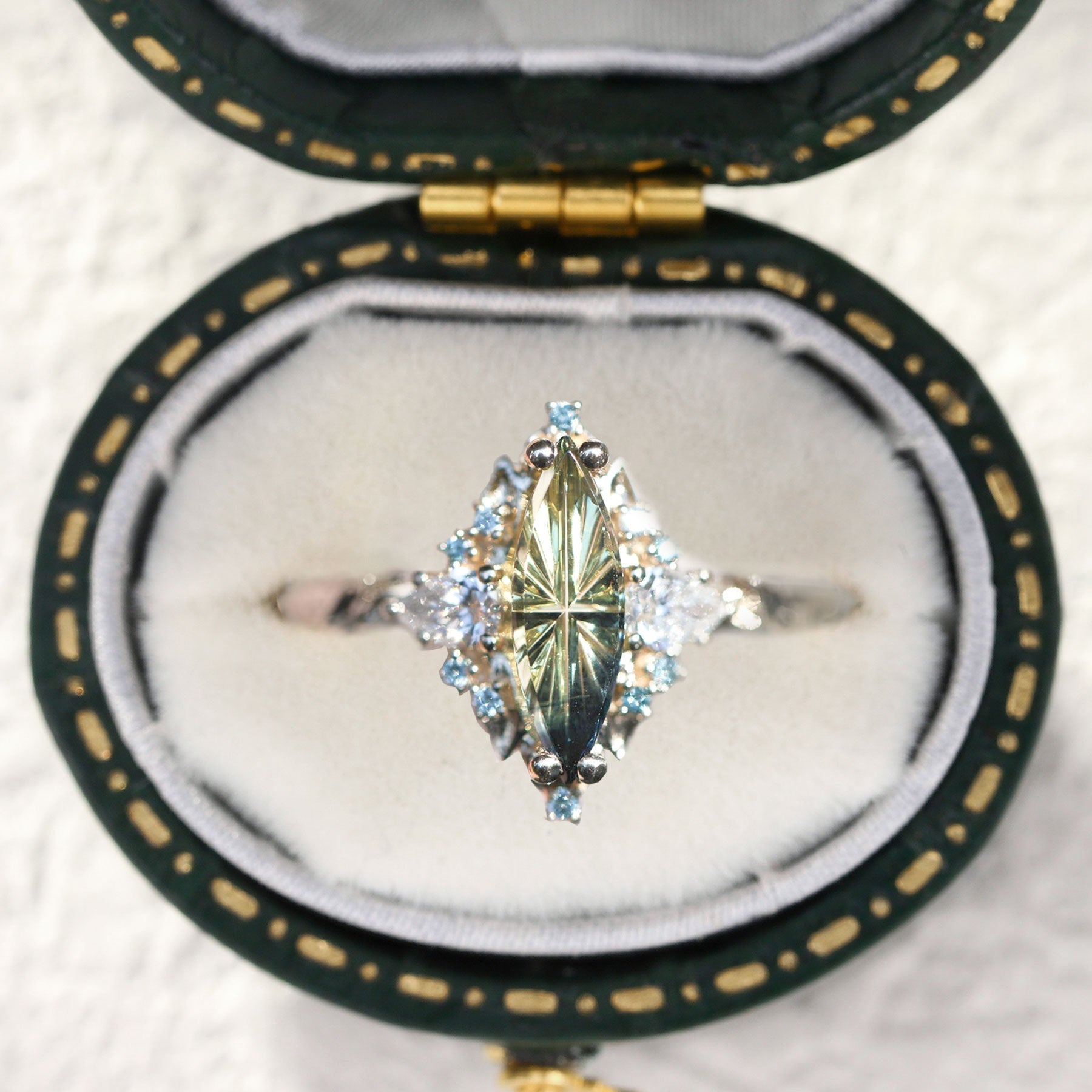 Briar Rose Starlight Cut Green Lab Sapphire Ring - Oore Jewelry
