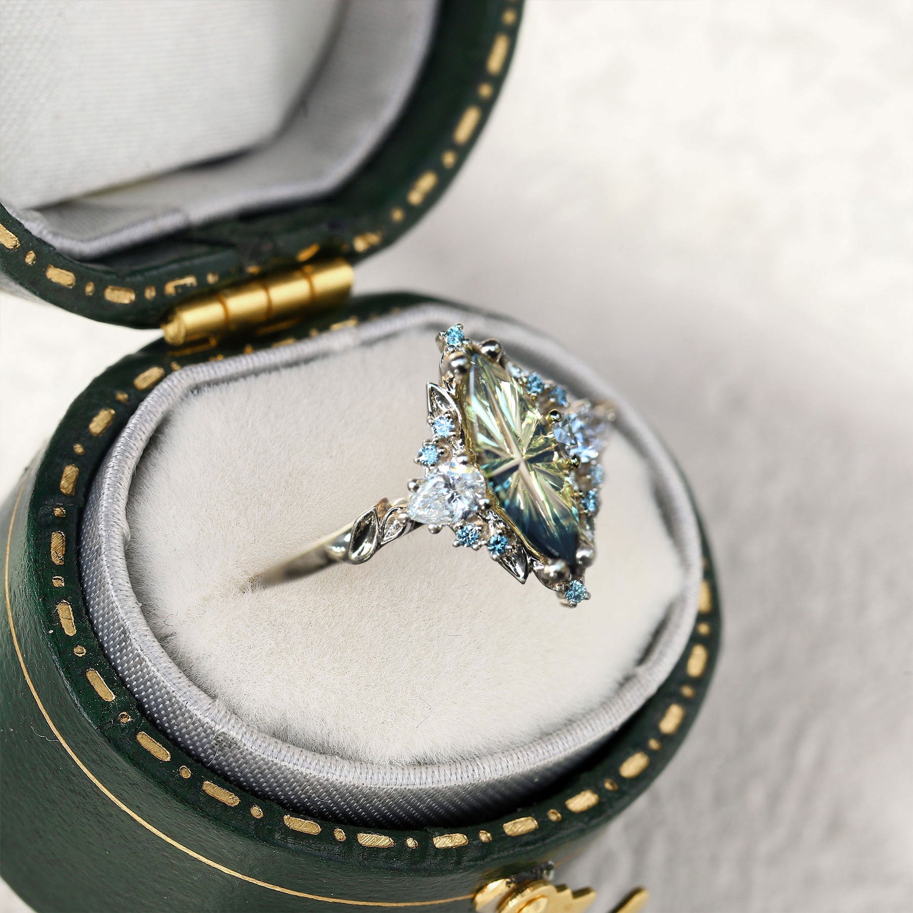 Briar Rose Starlight Cut Green Lab Sapphire Ring - Oore Jewelry