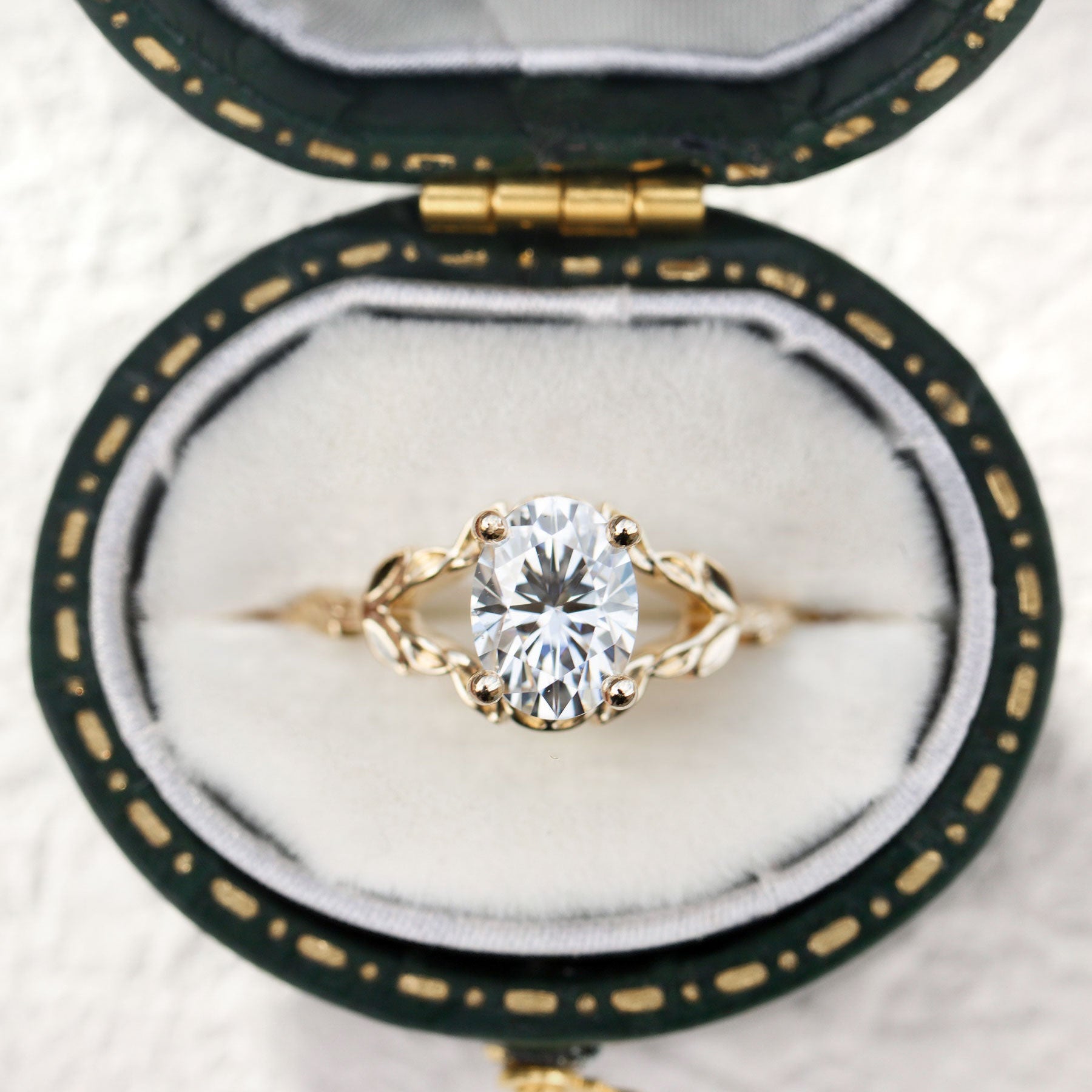 Unique Wisteria Solitaire Oval Moissanite Leafy Ring - Oore Jewelry