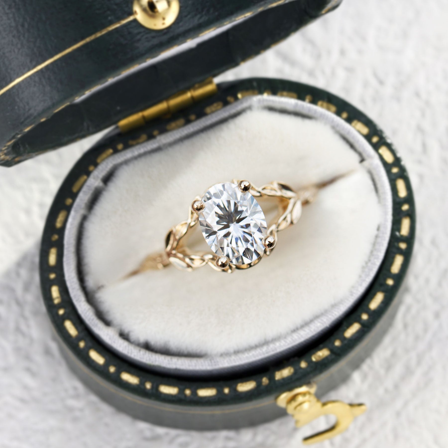 Unique Wisteria Solitaire Oval Moissanite Leafy Ring - Oore Jewelry