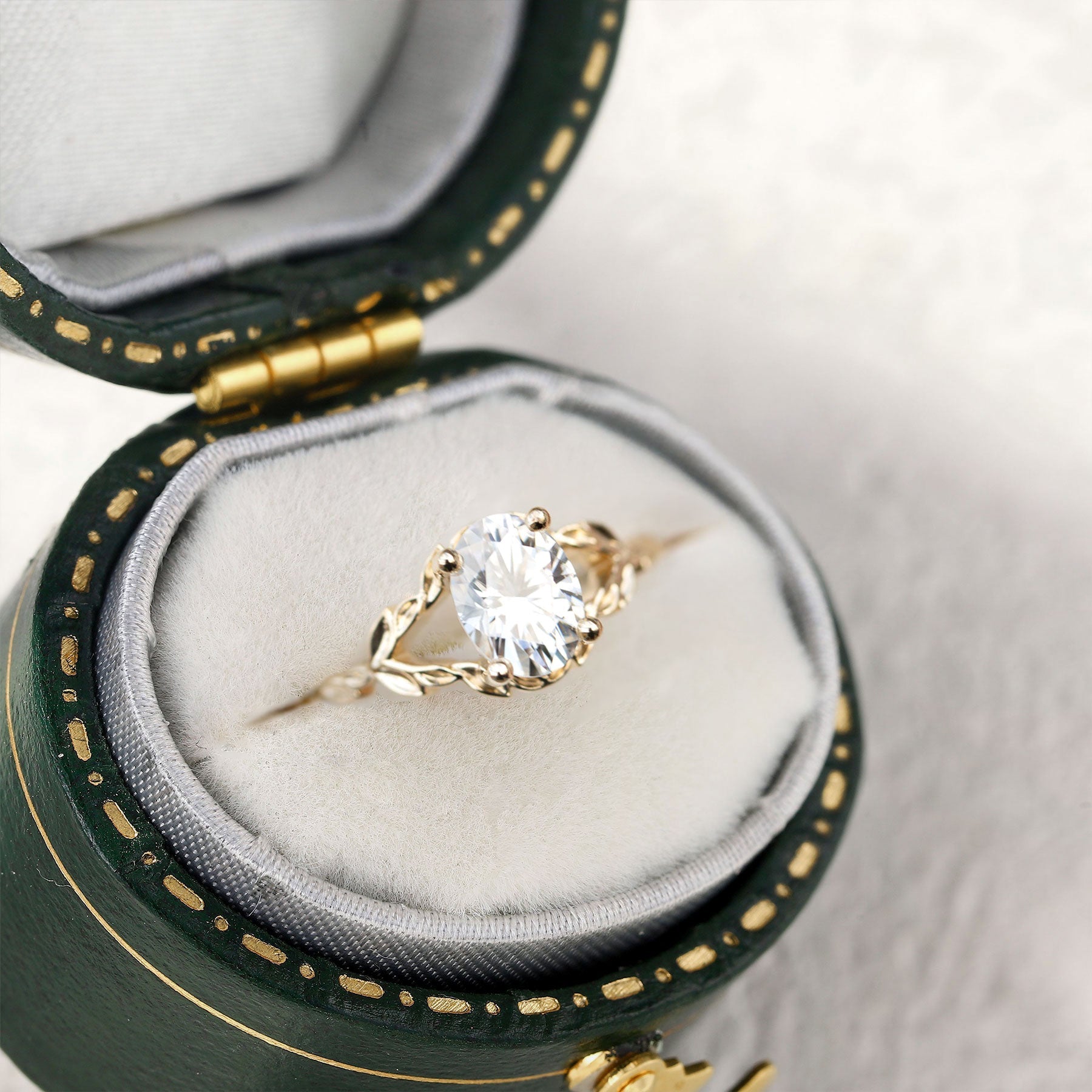 Unique Wisteria Solitaire Oval Moissanite Leafy Ring - Oore Jewelry