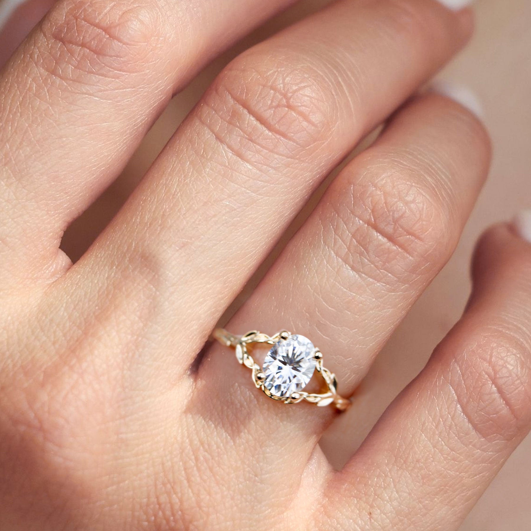 Unique Wisteria Solitaire Oval Moissanite Leafy Ring - Oore Jewelry
