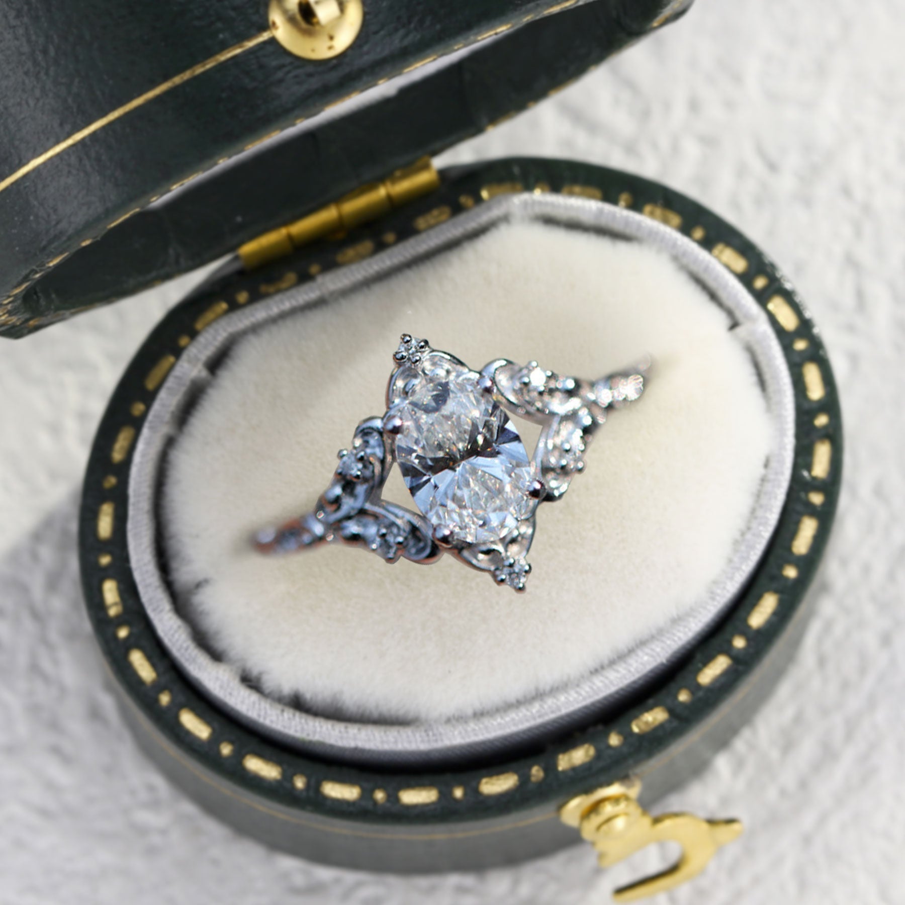 Unique Briar Rose Oval Moissanite 18K White Gold Ring