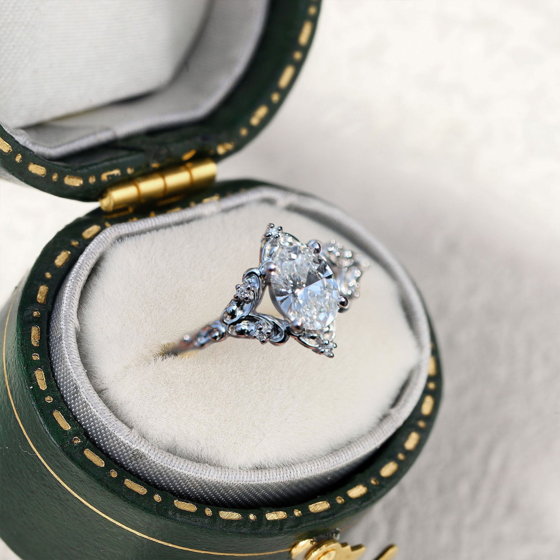 Unique Briar Rose Oval Moissanite 18K White Gold Ring